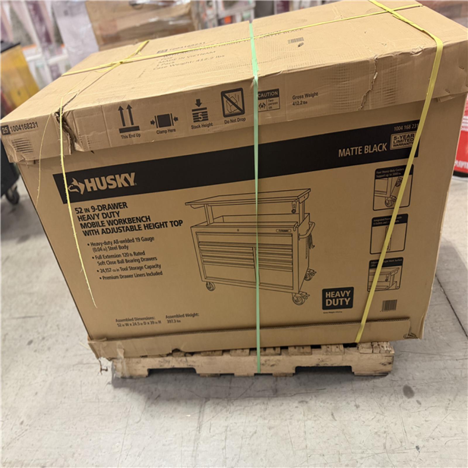 DALLAS LOCATION - Husky 52 in. W x 25 in. D Heavy Duty 9-Drawer Mobile Workbench Cabinet with Adjustable-Height Hardwood Top in Matte Black