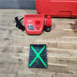 HOUSTON LOCATION - AS-IS (APPEARS LIKE NEW) Milwaukee M12 12-Volt Lithium-Ion Cordless Green 125 Ft. Cross Line and Plumb Points Laser Level Kit W/3.0 Ah Battery