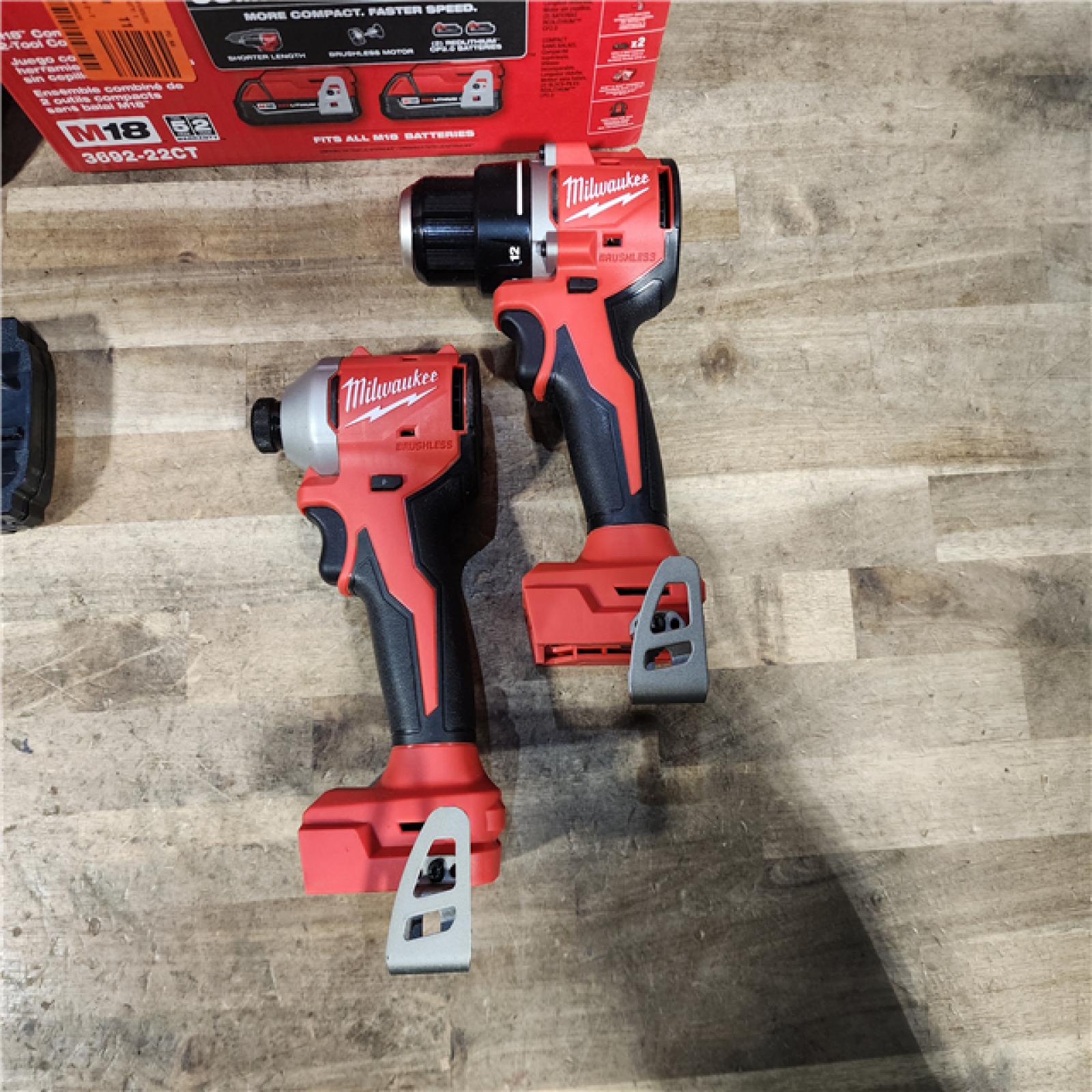 HOUSTON LOCATION - AS-IS Milwaukee M18 18V Lithium-Ion Brushless Cordless Compact Drill/Impact Combo Kit (2-Tool) W/(2) 2.0 Ah Batteries  Charger & Bag