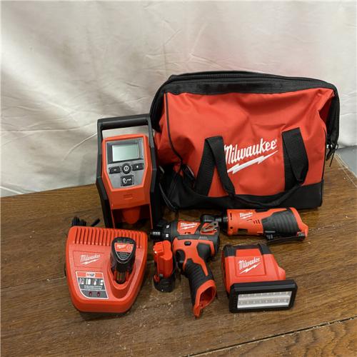 AS-IS M12 Cordless Power Tool Combo Kit, 4-Tool Set, 12V Lithium-Ion, 2.0Ah Batteries, Charger, Tool Bag
