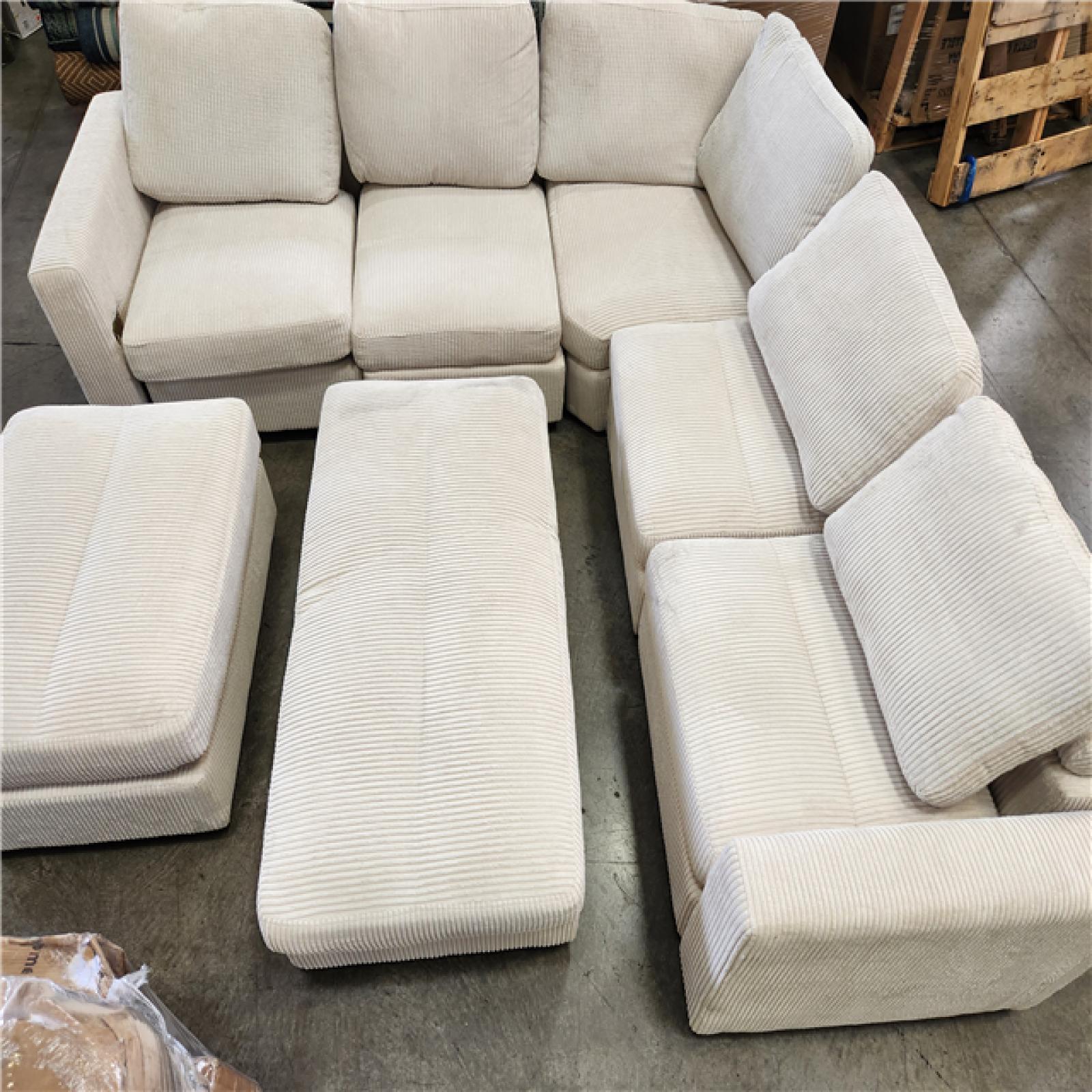 Phoenix AS-IS JEAREY 5-Piece Modern Straight Arm Corduroy Fabric L-Shaped Sectional Sofa with Ottoman in White