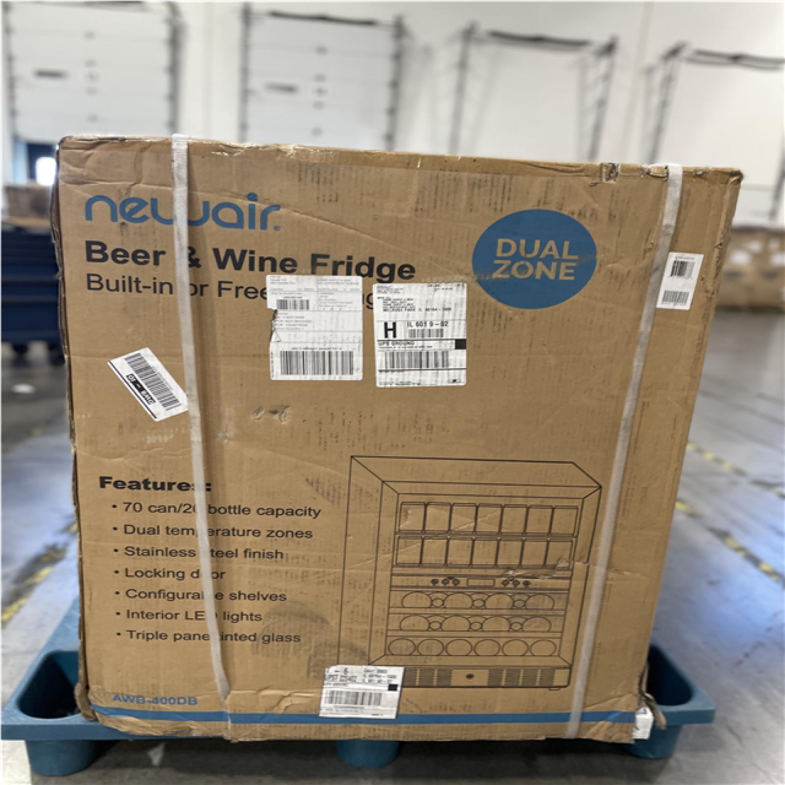 DALLAS LOCATION- NewAir Premium 24 in. Dual Zone 20 Wine Bottles and 70 Cans Beverage and Wine Cooler w/ Customizable Shelves in Stainless Steel PALLET-(2 UNITS)