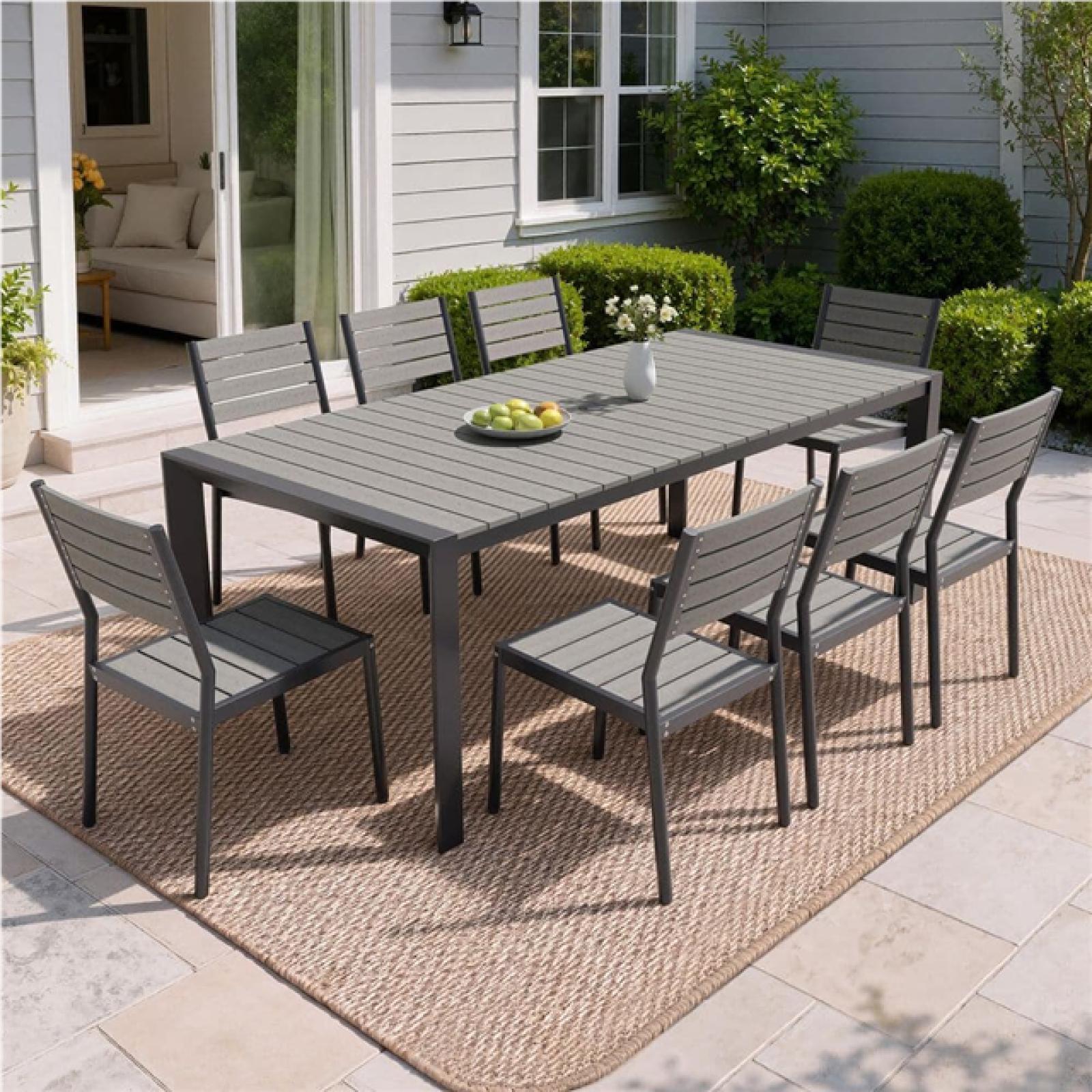 Phoenix NEW Crestlive Products 9-Piece Aluminum Outdoor Dining Set 83.9 in. Dining Table and 8 Armless Stackable Dining Chairs in Dark Gray for Patio
