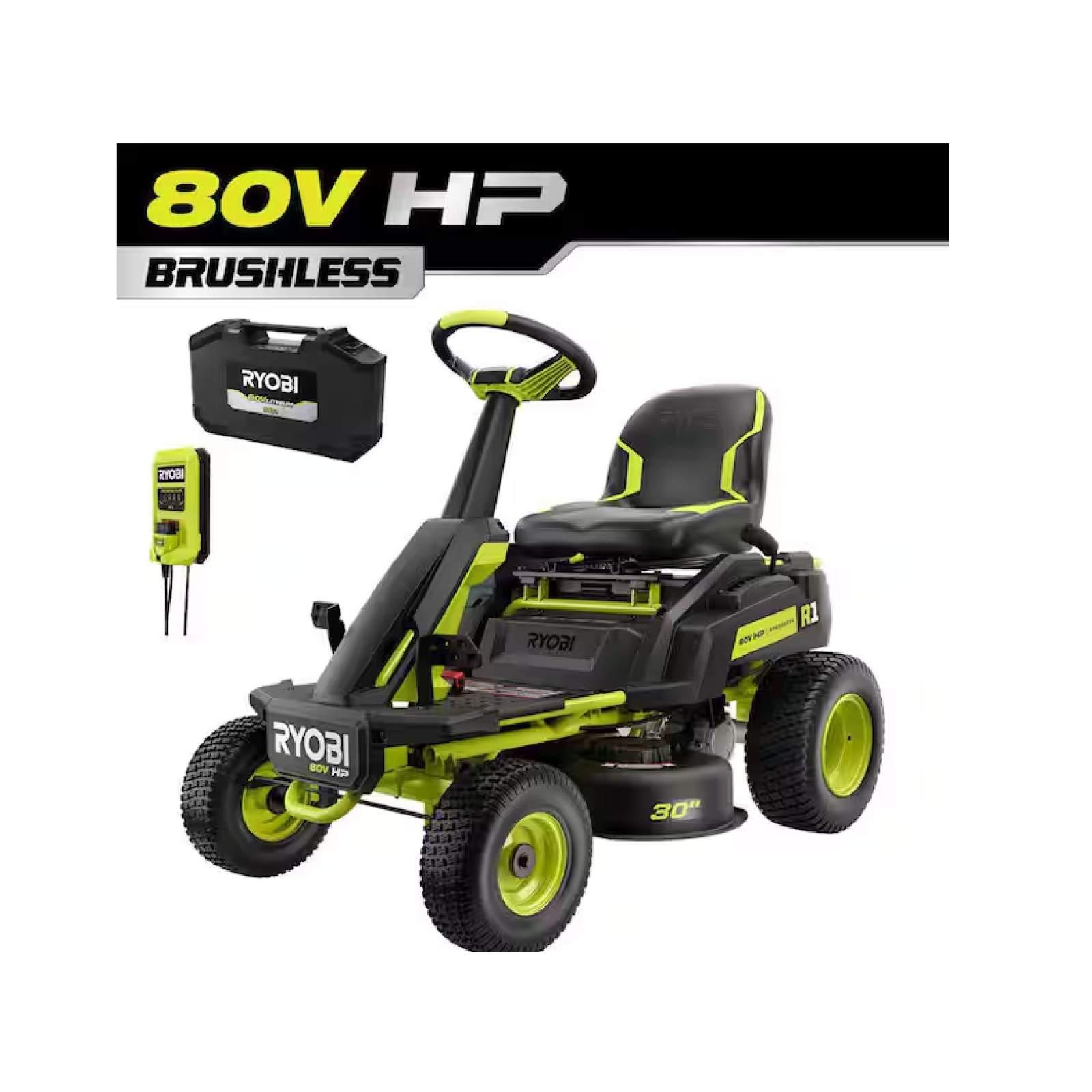 DALLAS LOCATION- RYOBI R1 80V HP Brushless Lithium Battery Cordless Electric 30 in. Riding Lawn Mower with 14 Ah Battery and Charger