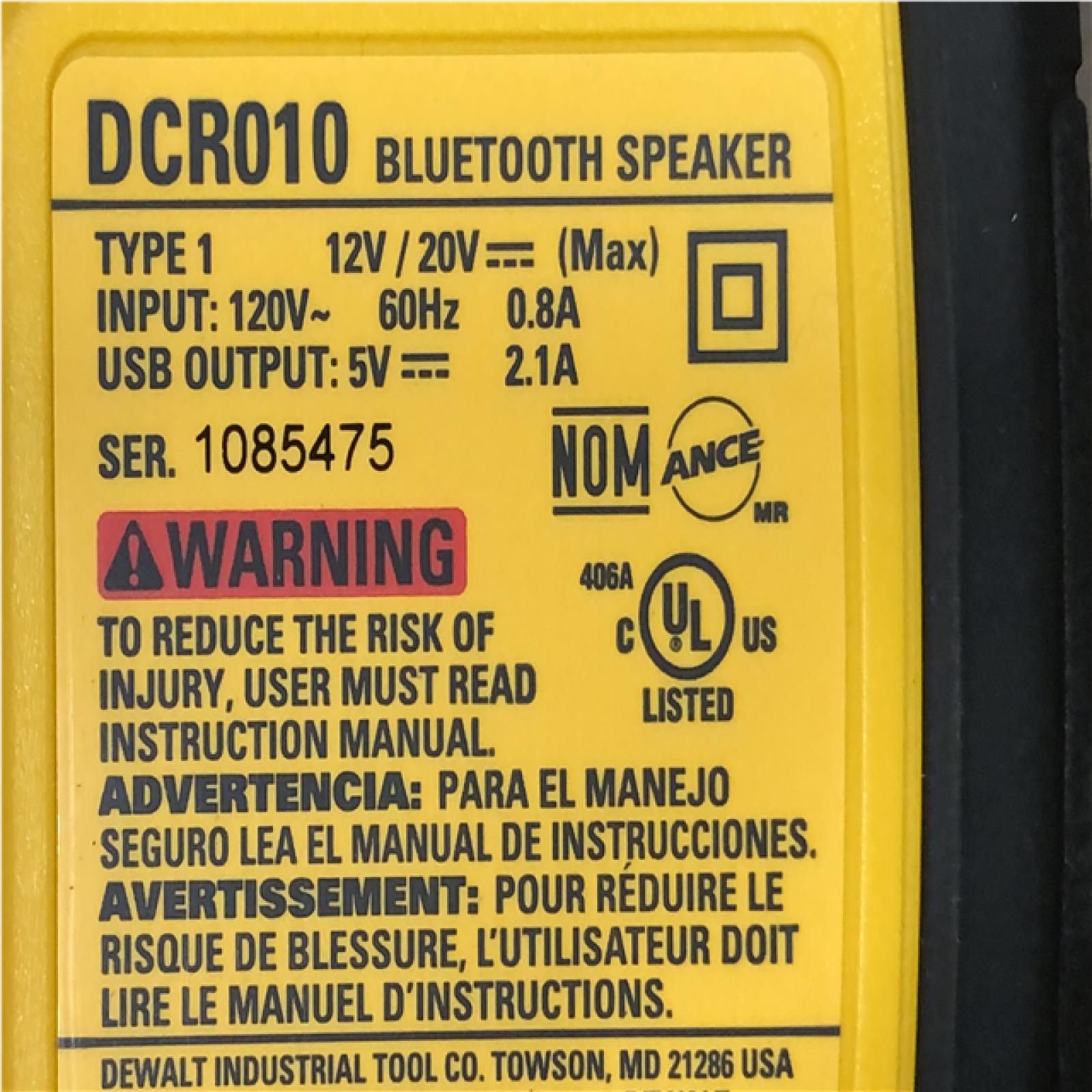 AS-IS DEWALT 20V MAX Cordless Bluetooth Speaker (Tool Only)