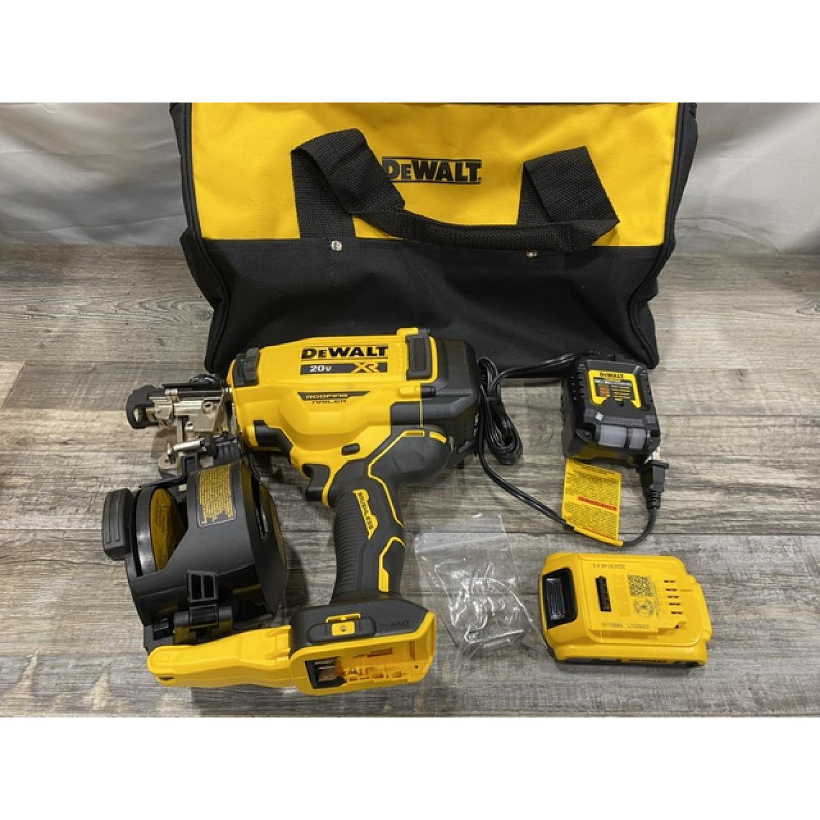AS-IS DEWALT 20V MAX Lithium-Ion 15-Degree Electric Cordless Roofing Nailer Kit