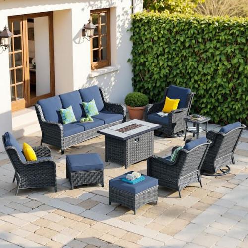 Phoenix OVIOS Joyoung Gray 9-Piece Wicker Patio Rectangle Fire Pit Conversation Set with Denim Blue Cushions and Swivel Chairs