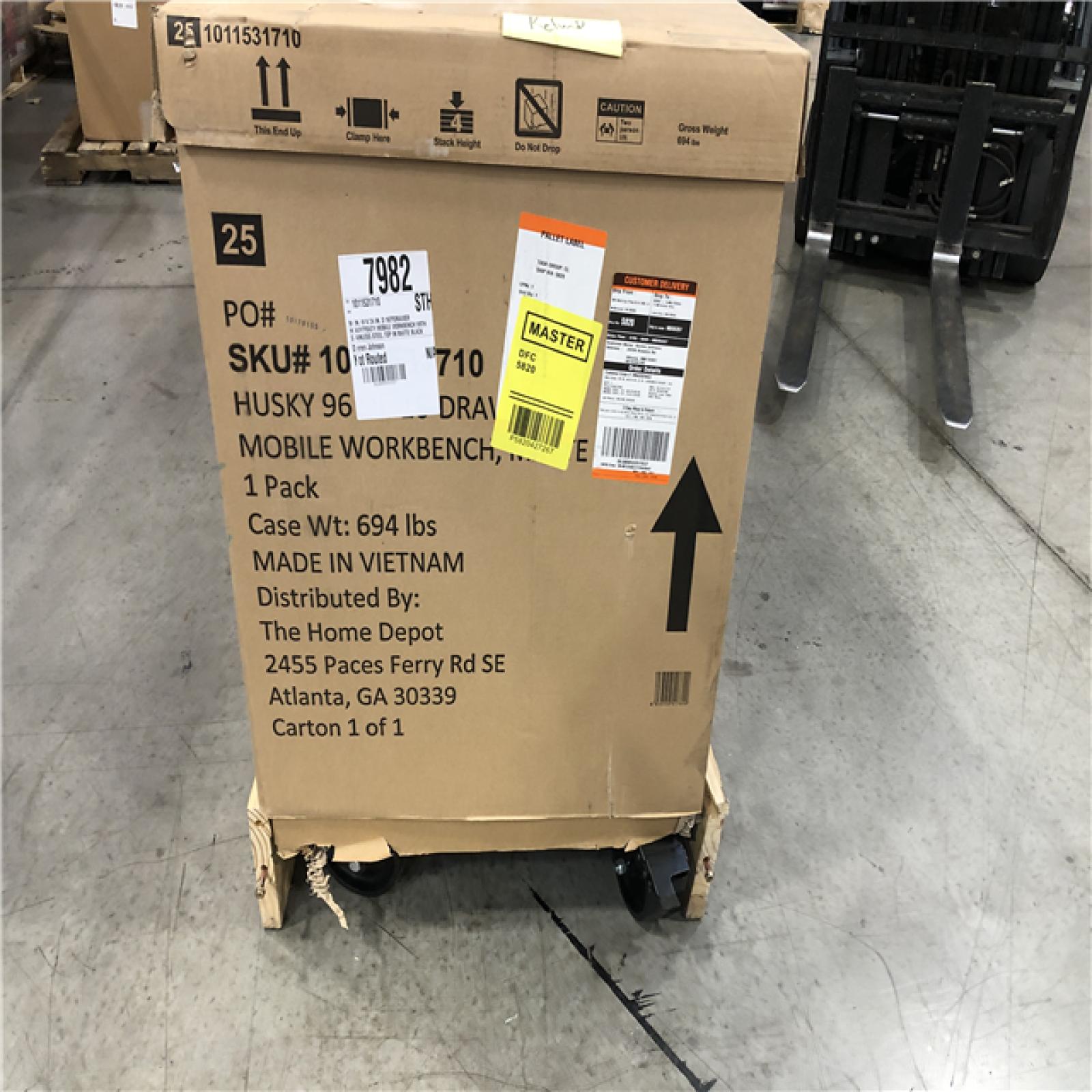 DALLAS LOCATION- Husky 96 in. W x 24 in. D 16-Drawer Heavy-Duty Mobile Workbench with Stainless Steel Top in Matte Black