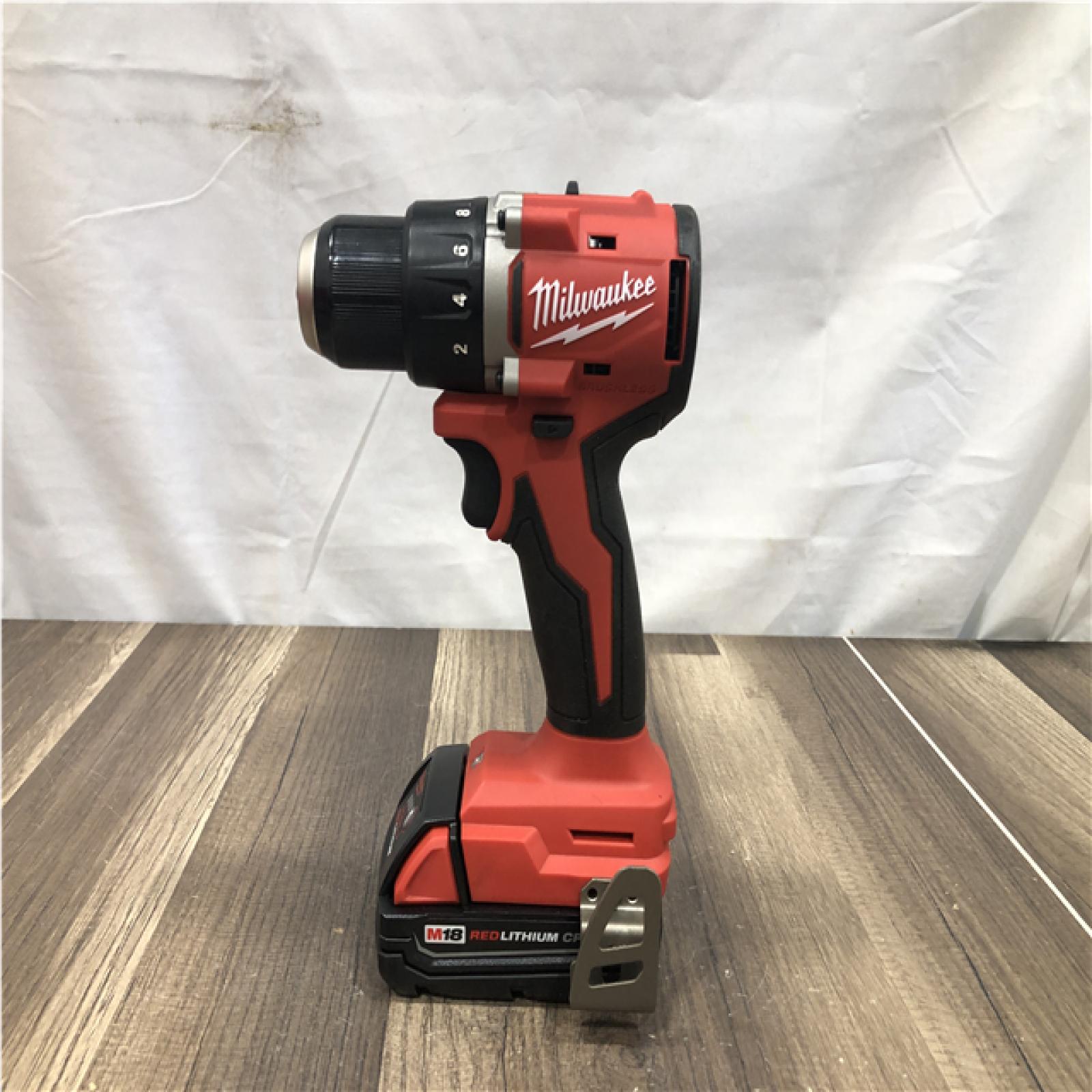 AS-IS Milwaukee M18 18V Lithium-Ion Brushless Cordless 1/2 in. Compact Drill/Driver Kit