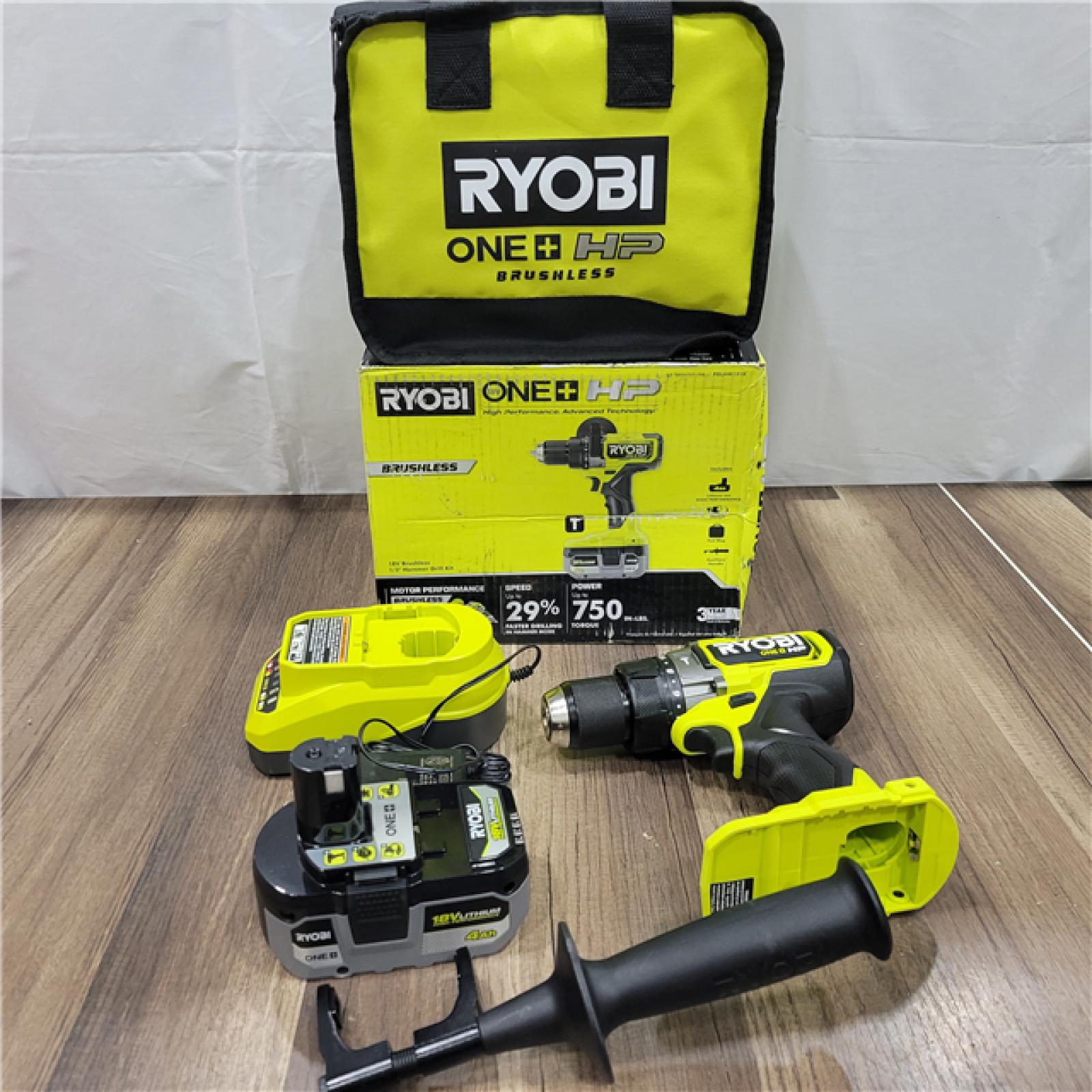 GOOD RYOBI  18V Brushless Cordless 1/2 in. Hammer Drill Kit with (1) 4.0 Ah High Performance Battery, Charger, and Tool Bag