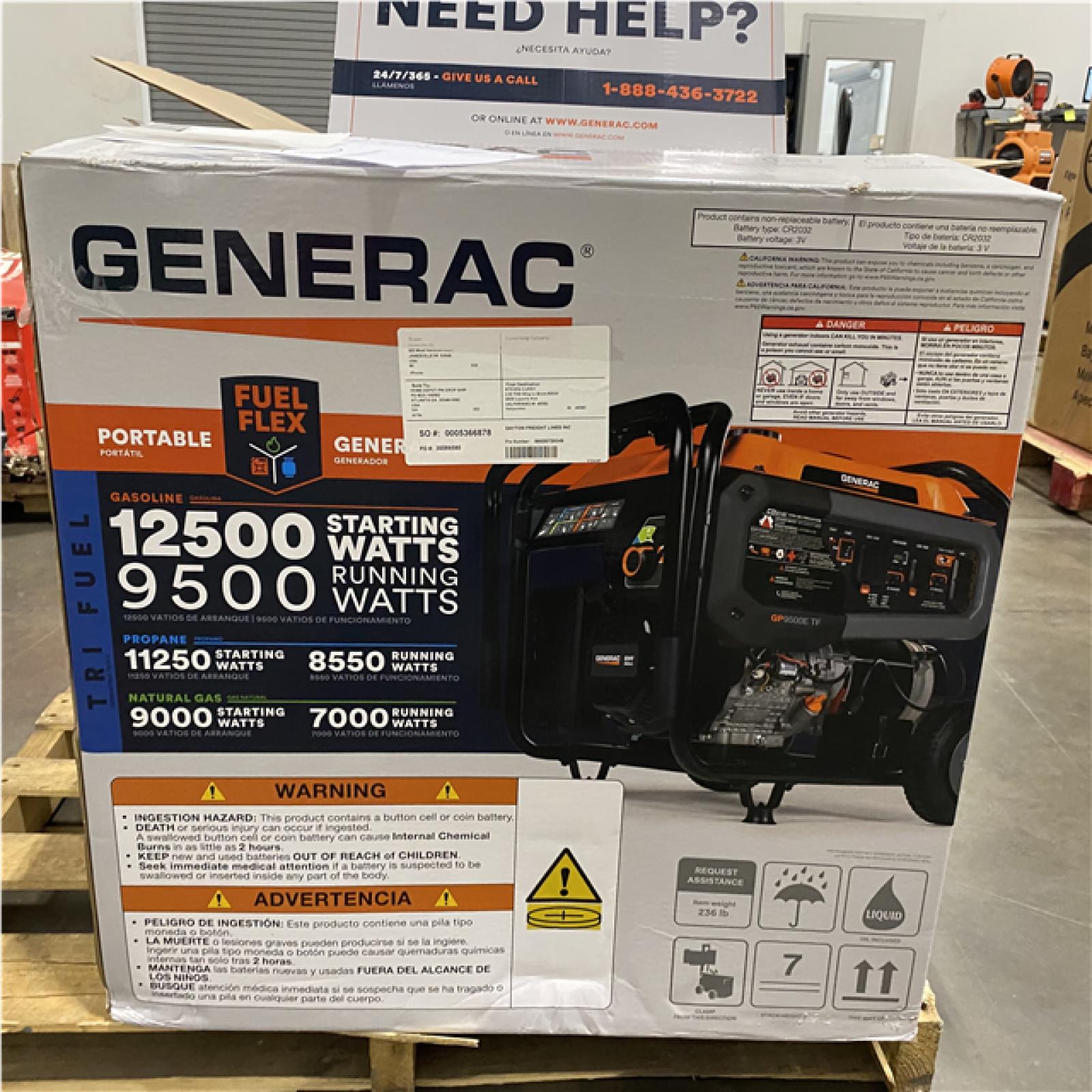 Dallas Location - As-Is  Generac Generac GP Series 9 500 Watt (120 / 240V) Electric Button / Recoil Start Tri-Fuel Portable Generator
