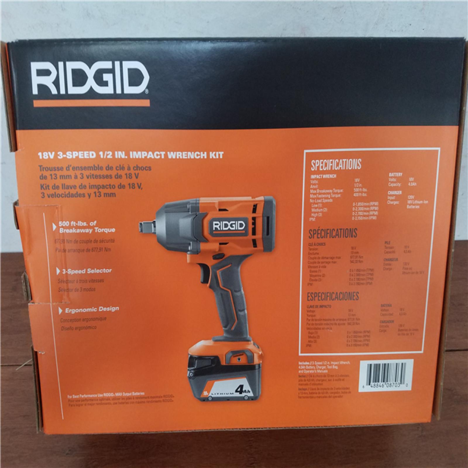 California NEW Ridgid 18V 3-Speed 1/2 in. Impact Wrench Kit  Includes (1) Battery  Charger and Bag