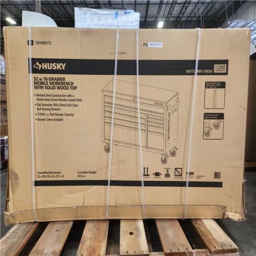 Phoenix NEW Husky Standard-Duty 52 in. W 10-Drawer Matte Army Green Mobile Workbench Cabinet with Solid Wood Top (SEALED)
