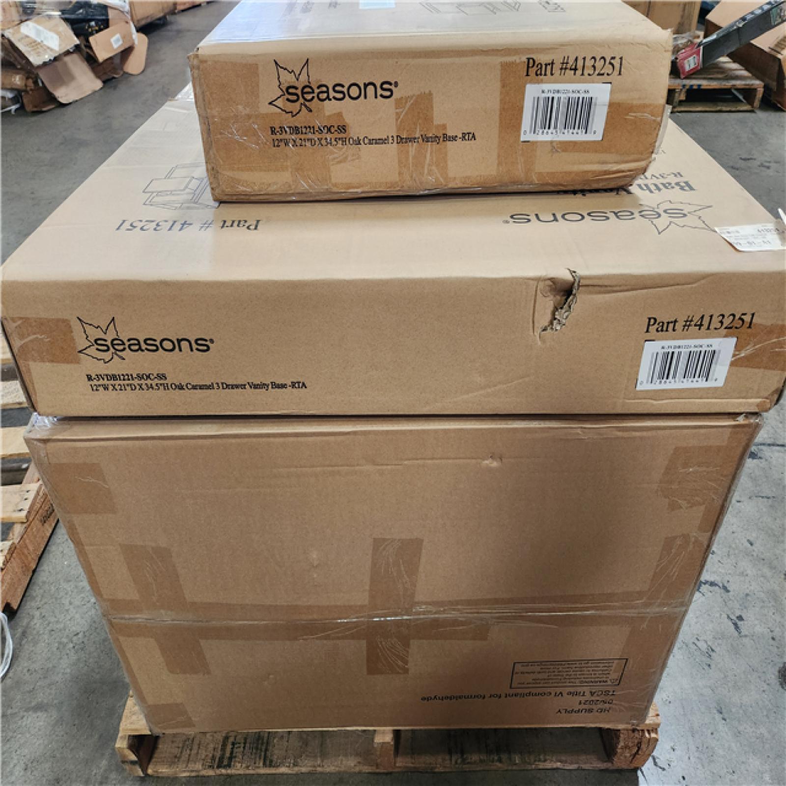 Phoenix Location NEW Bath Vanity 12Wx21Dx34.5H Oak Caramel 3 Drawer Vanity Base Pallet (12 Boxes)