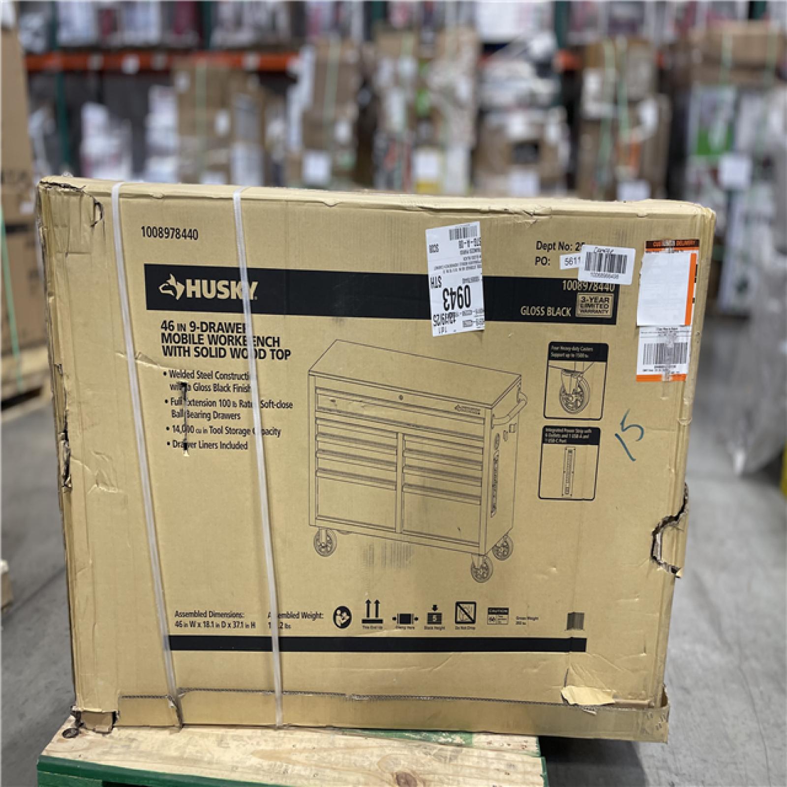 DALLAS LOCATION - Husky Tool Storage 46 in. W x 18 in. D 9-Drawer Mobile Workbench Cabinet in Gloss Black