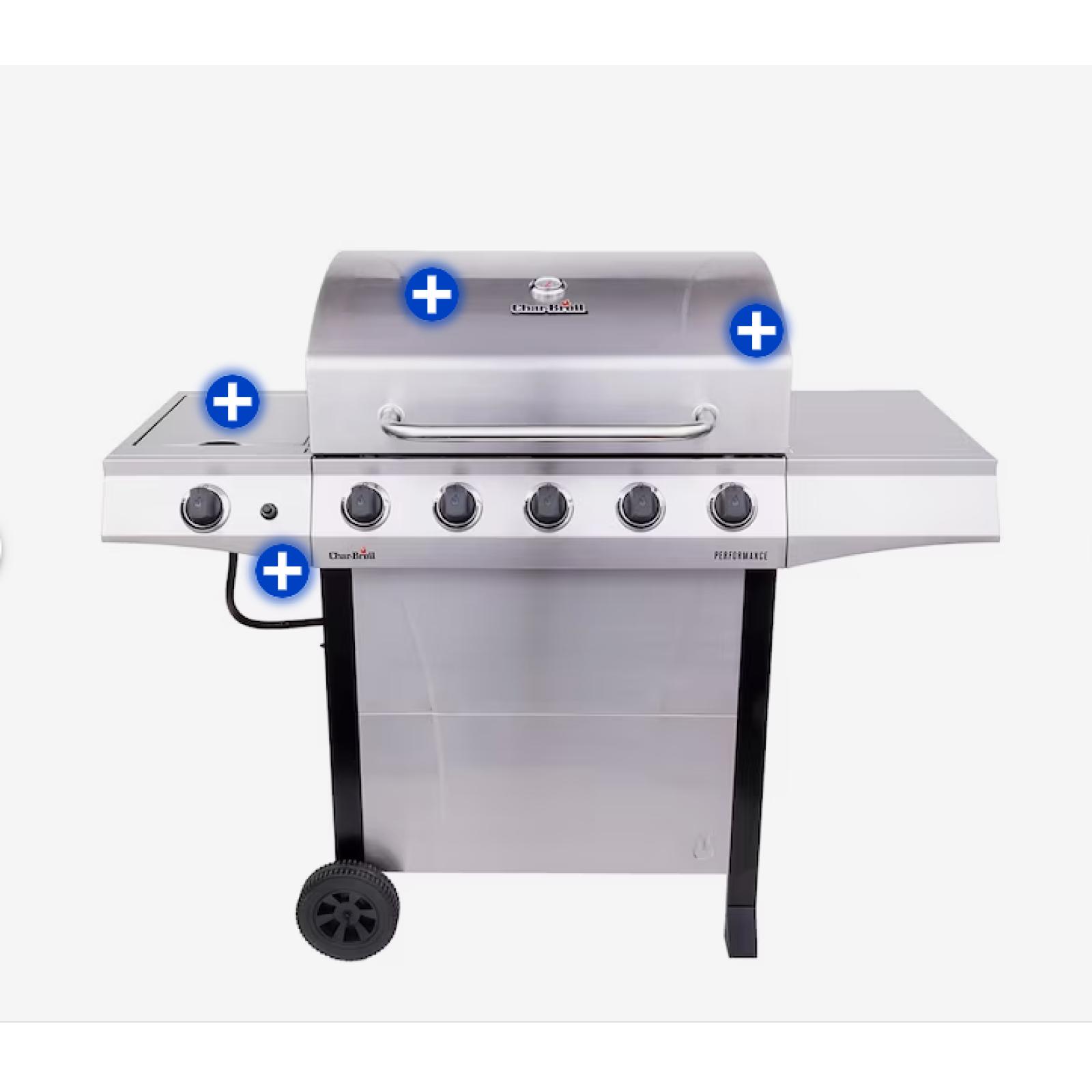 DALLAS LOCATION- AS-IS - Char-Broil Performance Series Silver 5-Burner Liquid Propane Gas Grill with 1 Side Burner