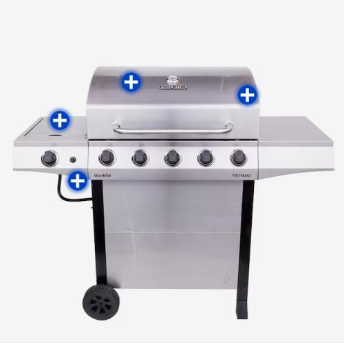 DALLAS LOCATION- AS-IS - Char-Broil Performance Series Silver 5-Burner Liquid Propane Gas Grill with 1 Side Burner