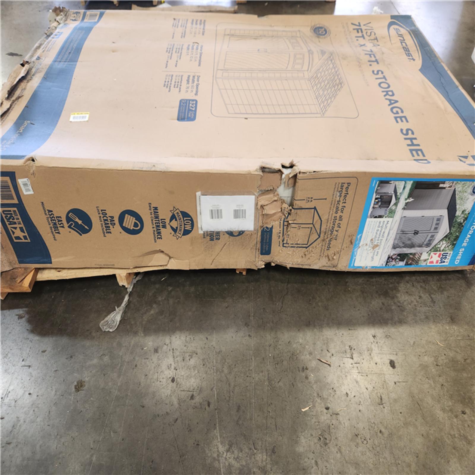 Phoenix AS-IS Suncast Vista 7 ft. W x 7 ft. D Plastic Resin Storage Shed with Floor (50 sq. ft.) in Colonnade (Beige)