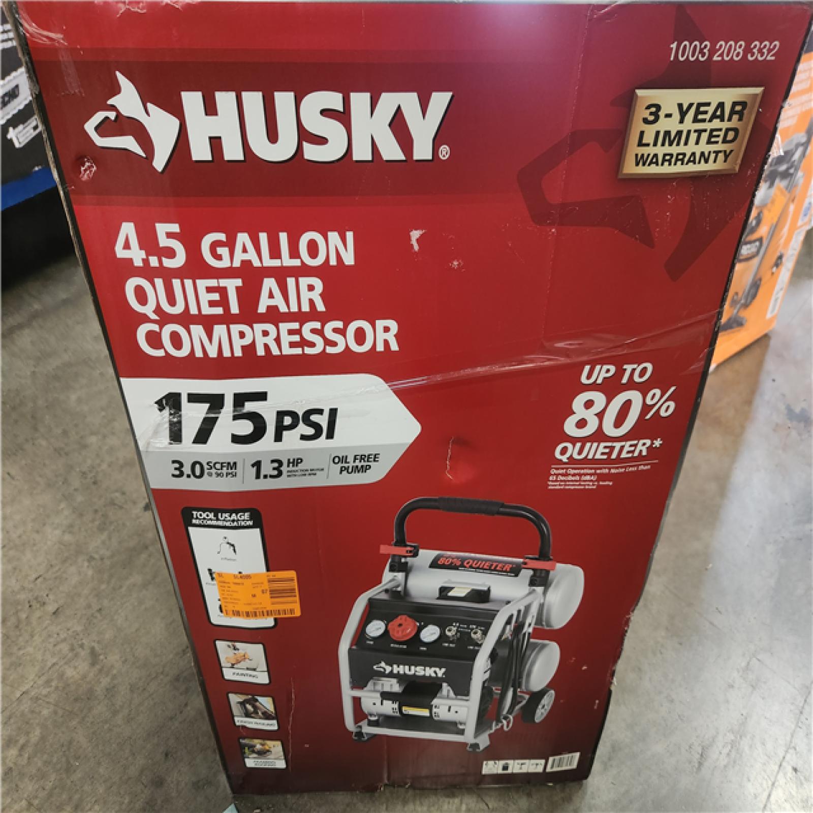 Phoenix LIKE NEW Husky 4.5 Gal. 175 PSI Portable Electric Oil-Free Quiet Twin Stack Jobsite Air Compressor w/Rubber Wheels and 2-Quick Couplers