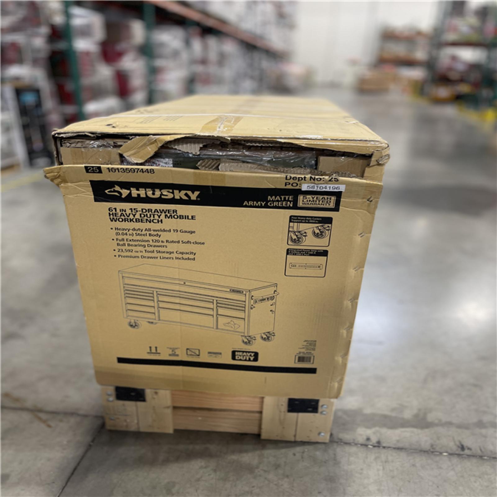DALLAS LOCATION- Husky Heavy Duty 61 in. W x 23 in. D 15-Drawer Matte Army Green Mobile Workbench Cabinet with Solid Wood Top