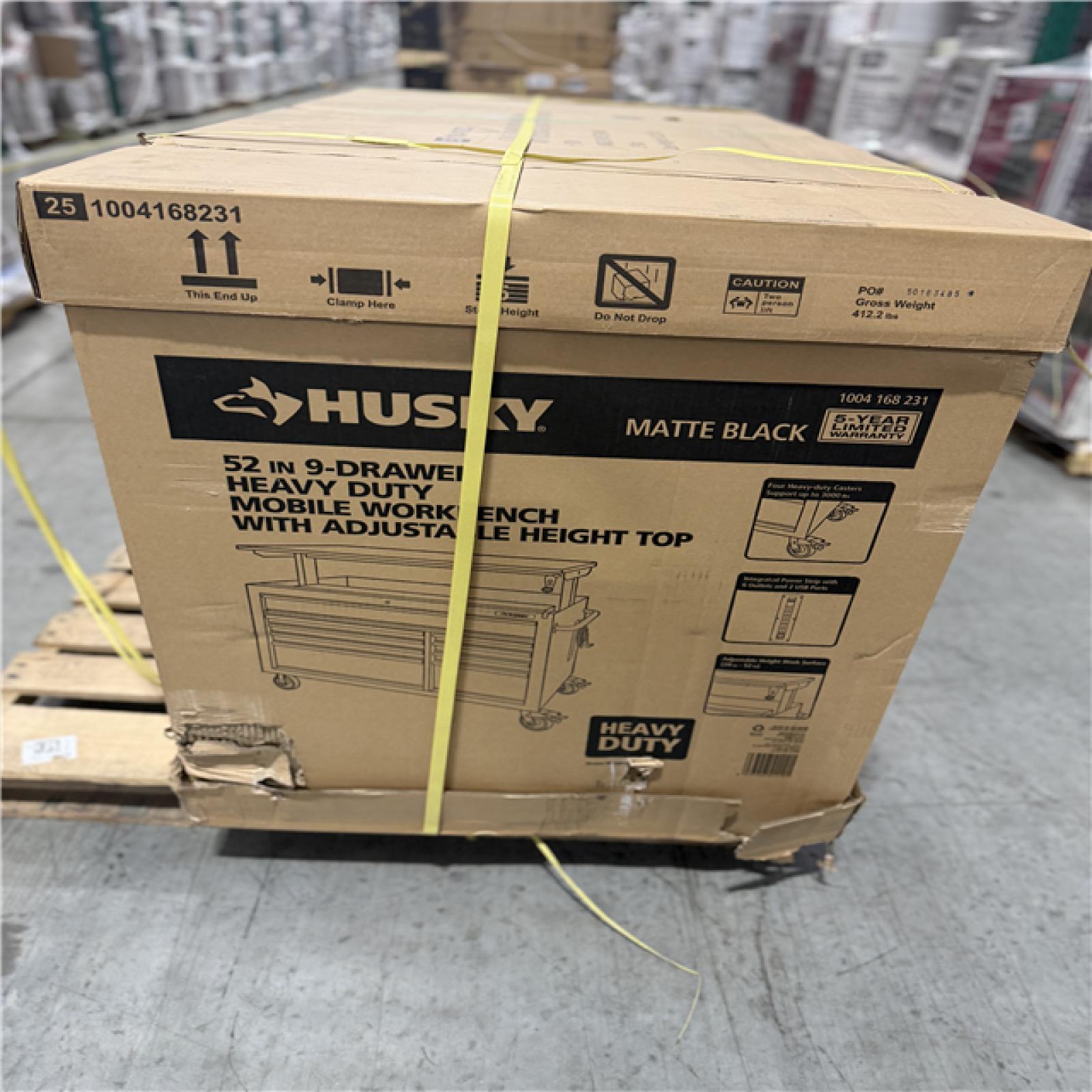 DALLAS LOCATION - Husky 52 in. W x 25 in. D Heavy Duty 9-Drawer Mobile Workbench Cabinet with Adjustable-Height Hardwood Top in Matte Black