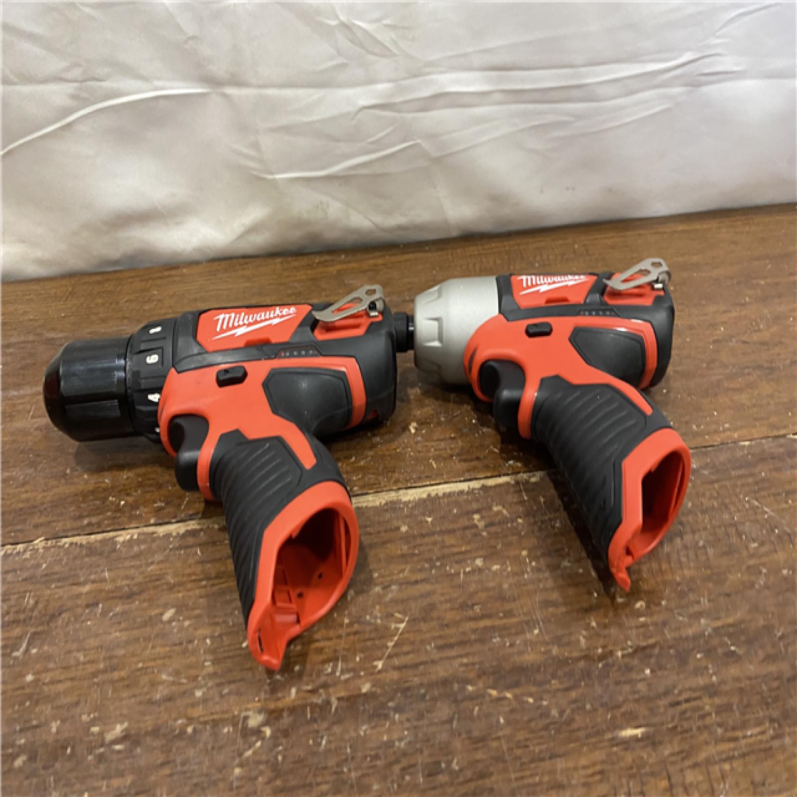 AS-IS Milwaukee 2494-22 M12 Cordless Combination 3/8  Drill / Driver and 1/4  Hex Impact Driver Dual Power Tool Kit (2 Lithium Ion Batteries  Charger  and B