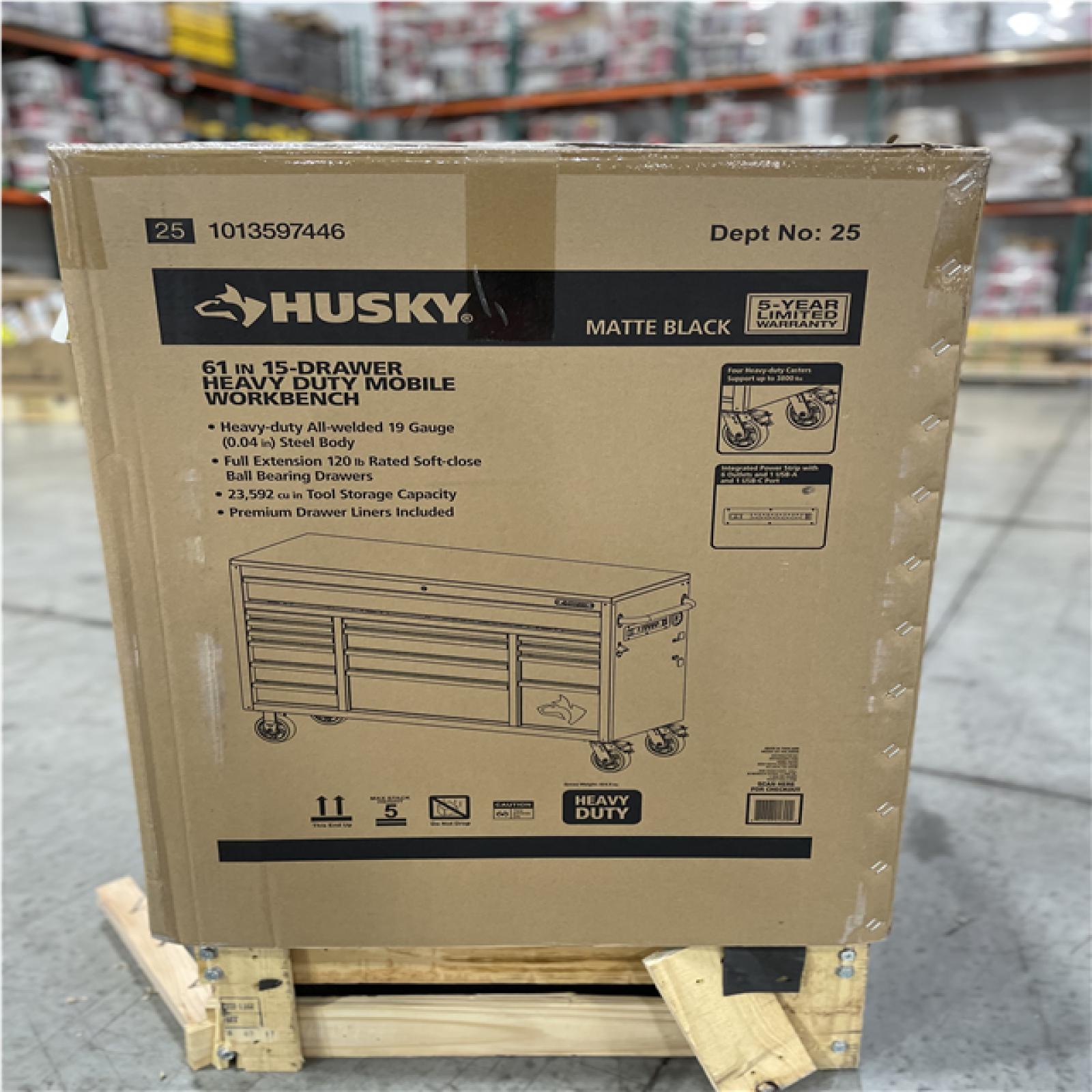 DALLAS LOCATION - HUSKY Heavy Duty 61 in. W x 22 in. D 15-Drawer Matte Black Mobile Workbench w Wood Top