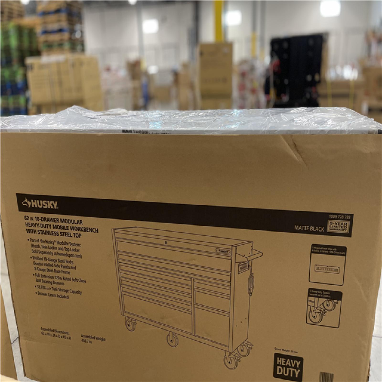 DALLAS LOCATION -Husky Modular Tool Storage 62 in. W X 24 in. D Heavy Duty Matte Black Mobile Workbench Cabinet with Stainless Steel Top