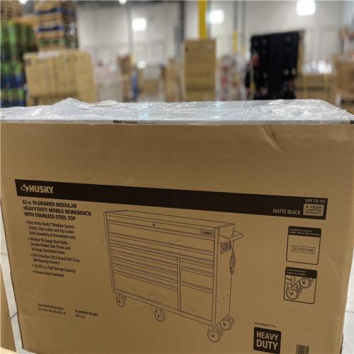 DALLAS LOCATION -Husky Modular Tool Storage 62 in. W X 24 in. D Heavy Duty Matte Black Mobile Workbench Cabinet with Stainless Steel Top
