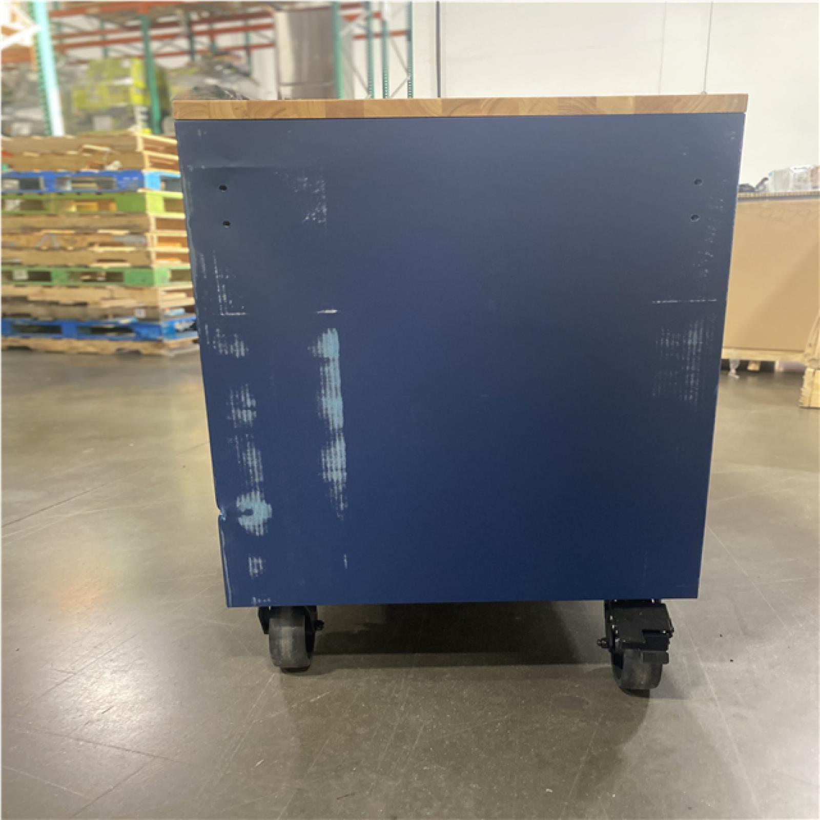 DALLAS LOCATION - Husky 72 in. W x 24 in. D Heavy Duty 18-Drawer Adjustable Height Mobile Workbench with Solid Wood Top in Matte Blue