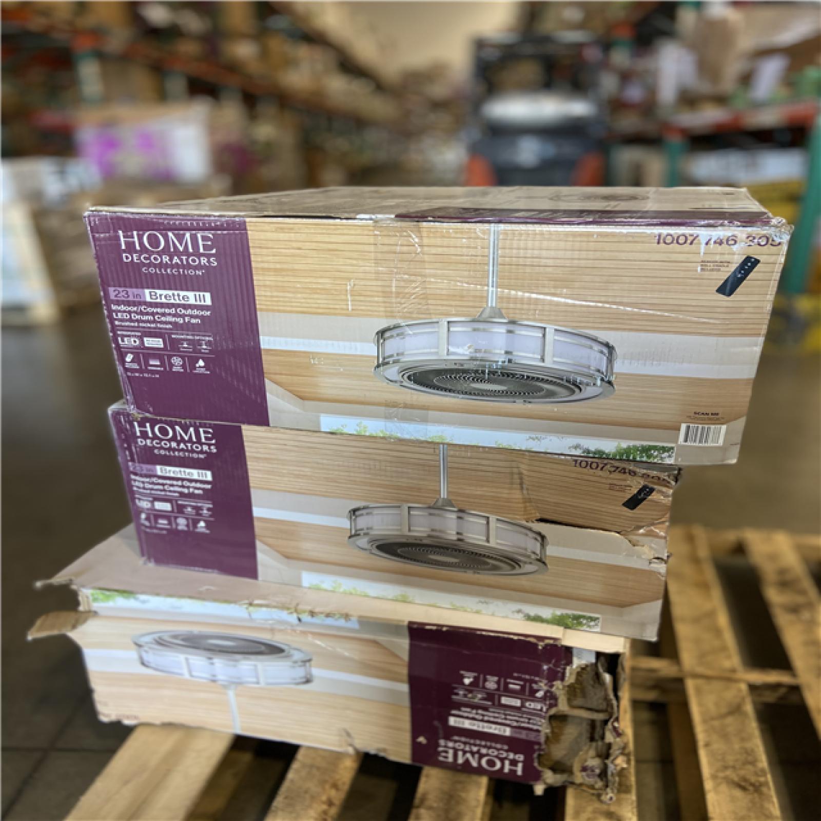 DALLAS LOCATION - Home Decorators Collection Brette III 23 in. Integrated LED Indoor/Outdoor Brushed Nickel Ceiling Fan with Light and Remote Control - (3 UNITS)