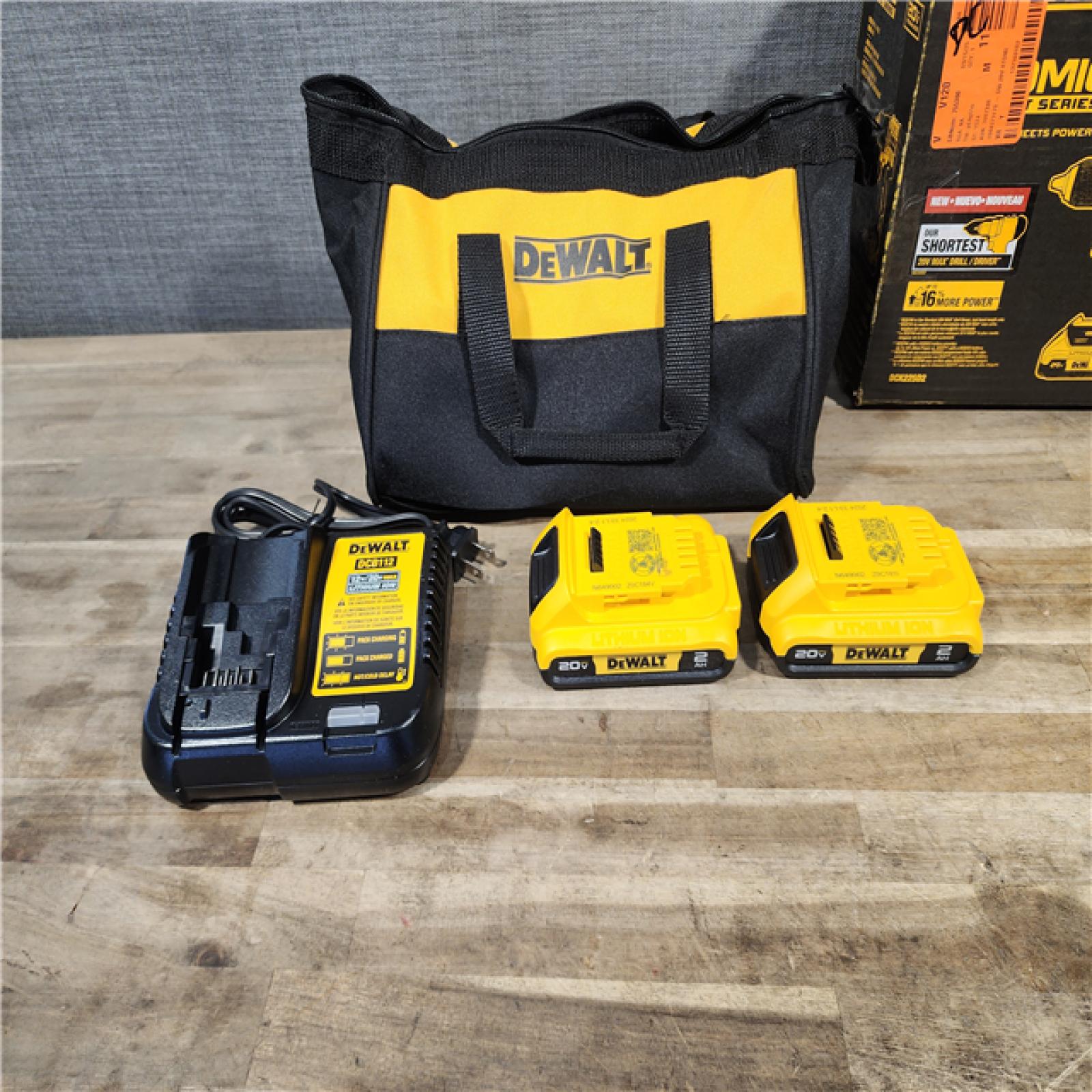 HOUSTON LOCATION - AS-IS Dewalt DCK225D2 20V MAX ATOMIC Brushless Compact Lithium-Ion 1/2 in. Cordless Drill Driver and 1/4 in. Impact Driver Combo Kit with 2 Batteries 2 Ah