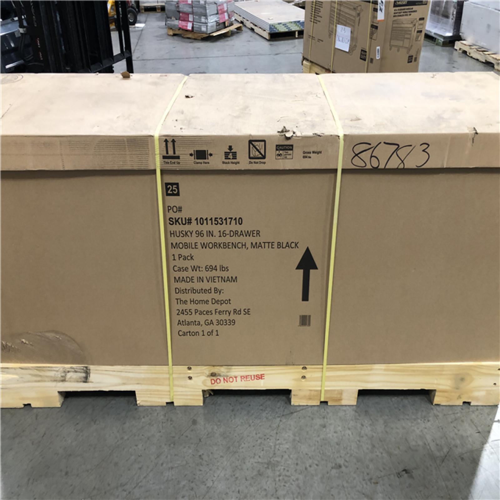 DALLAS LOCATION- Husky 96 in. W x 24 in. D 16-Drawer Heavy-Duty Mobile Workbench with Stainless Steel Top in Matte Black