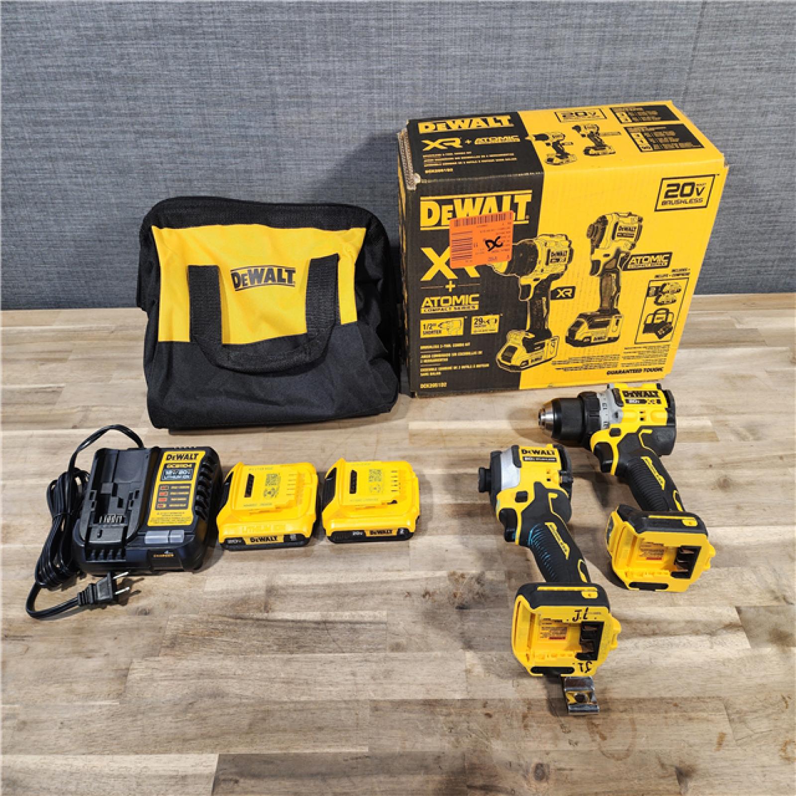 HOUSTON LOCATION - AS-IS DEWALT 20V MAX XR Cordless Drill/Driver, ATOMIC Impact Driver 2 Tool Combo Kit, (2) 2.0Ah Batteries, Charger, and Bag