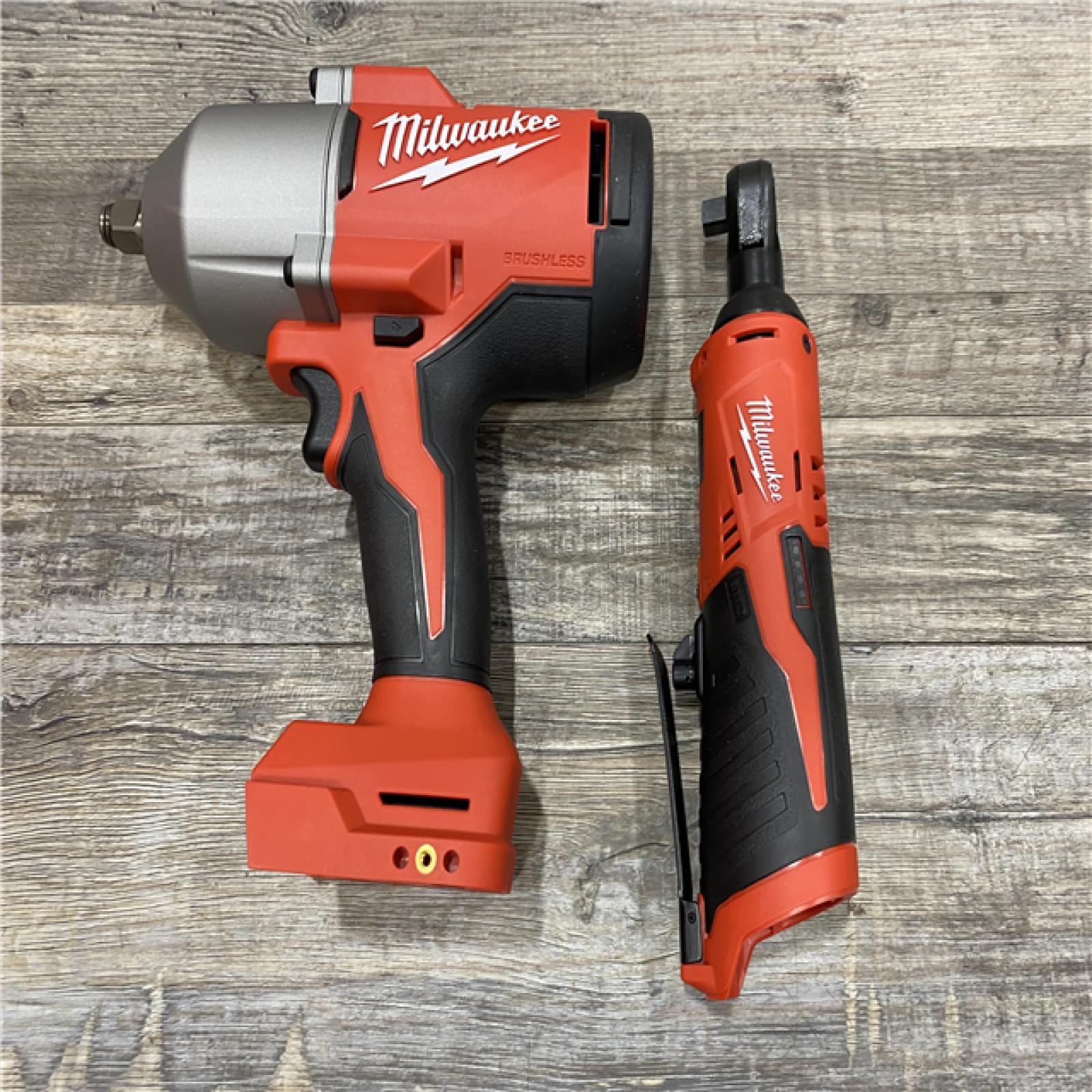 LIKE NEW - Milwaukee 12/18V Lithium-Ion Cordless 3/8 in. Ratchet and 1/2 in. High Torque Impact Wrench with Friction Ring Combo Kit