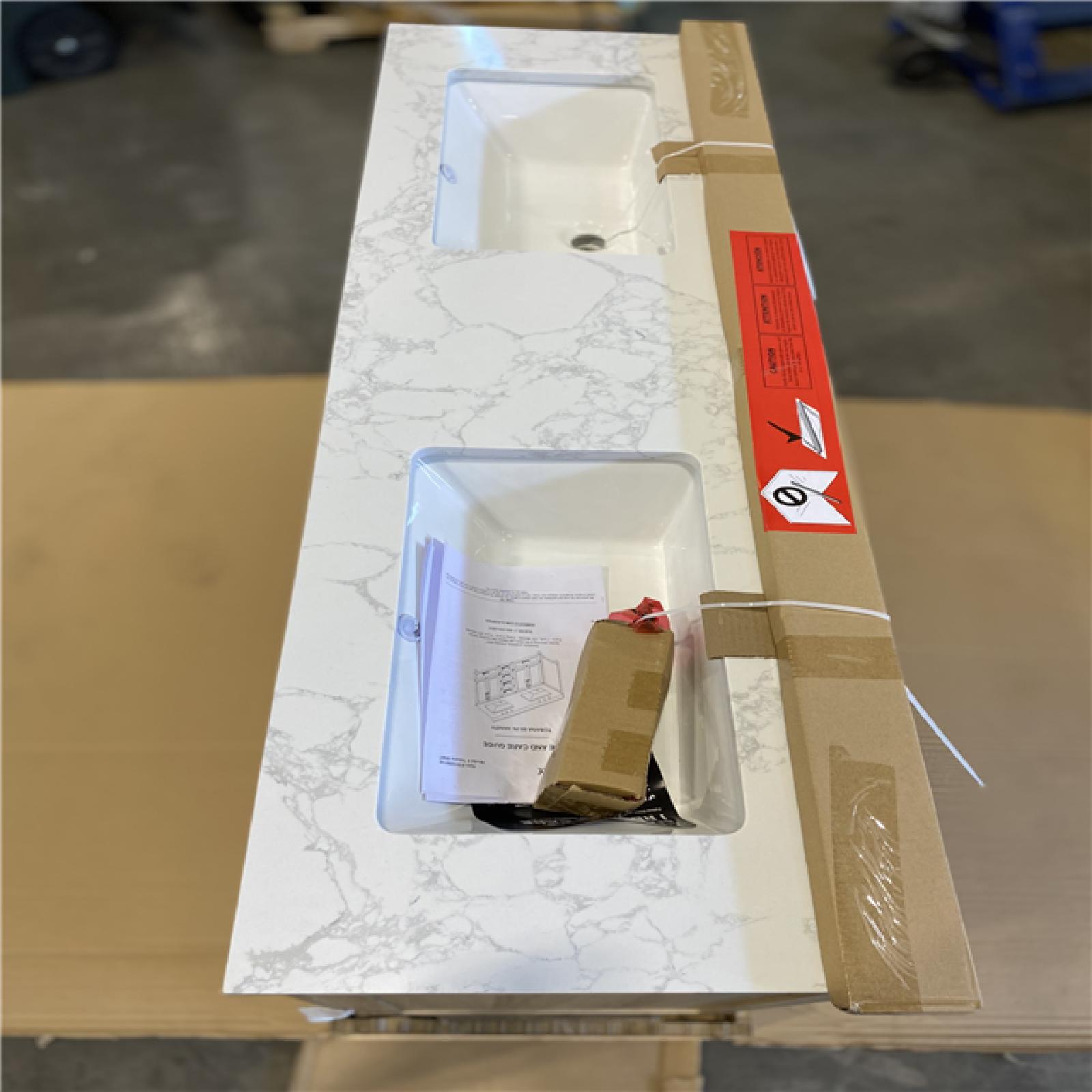 DALLAS LOCATION - Glacier Bay Tobana 60 in. Double Sink Weathered Tan Bath Vanity with White Engineered Marble Top (Assembled)