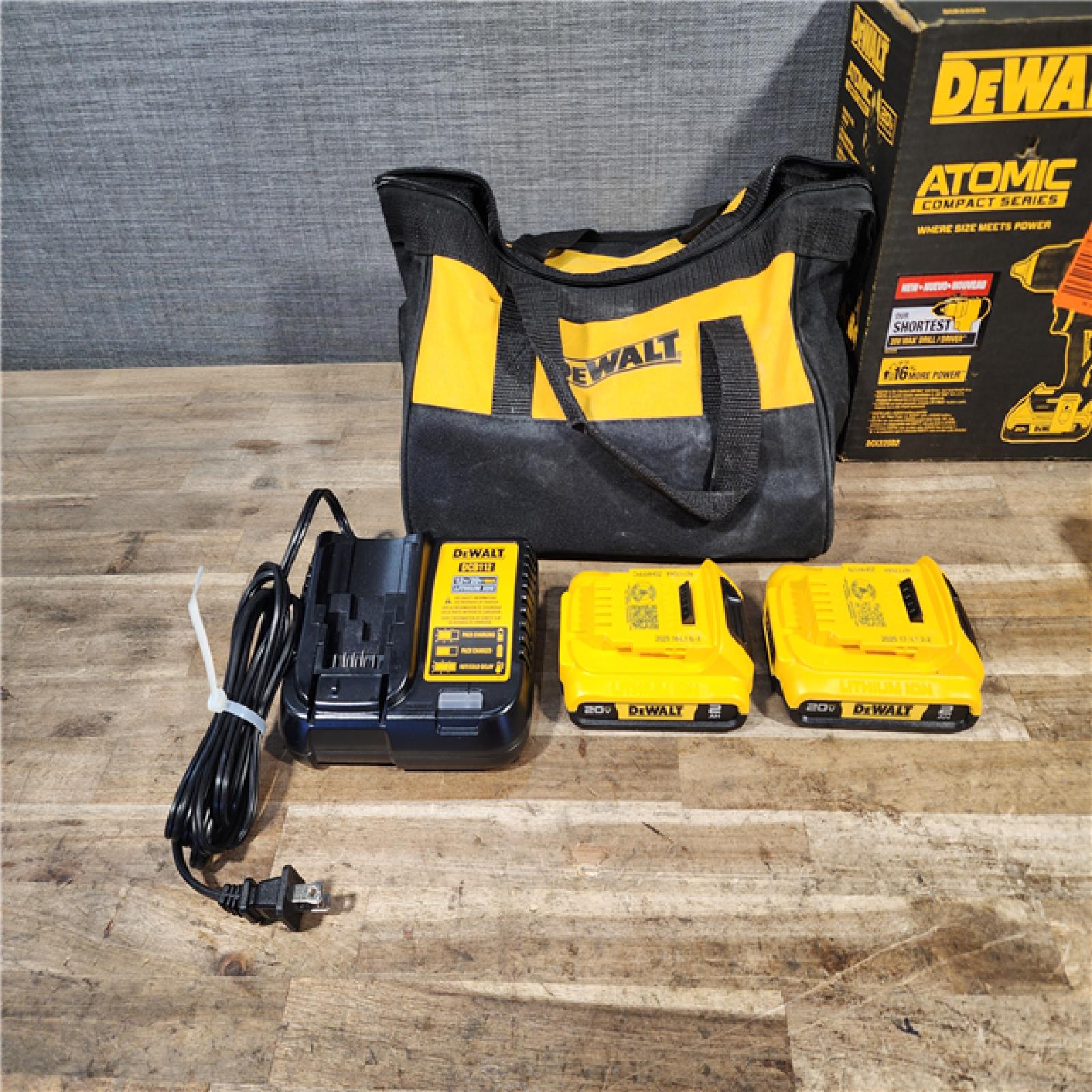 HOUSTON LOCATION - AS-IS Dewalt DCK225D2 20V MAX ATOMIC Brushless Compact Lithium-Ion 1/2 in. Cordless Drill Driver and 1/4 in. Impact Driver Combo Kit with 2 Batteries 2 Ah