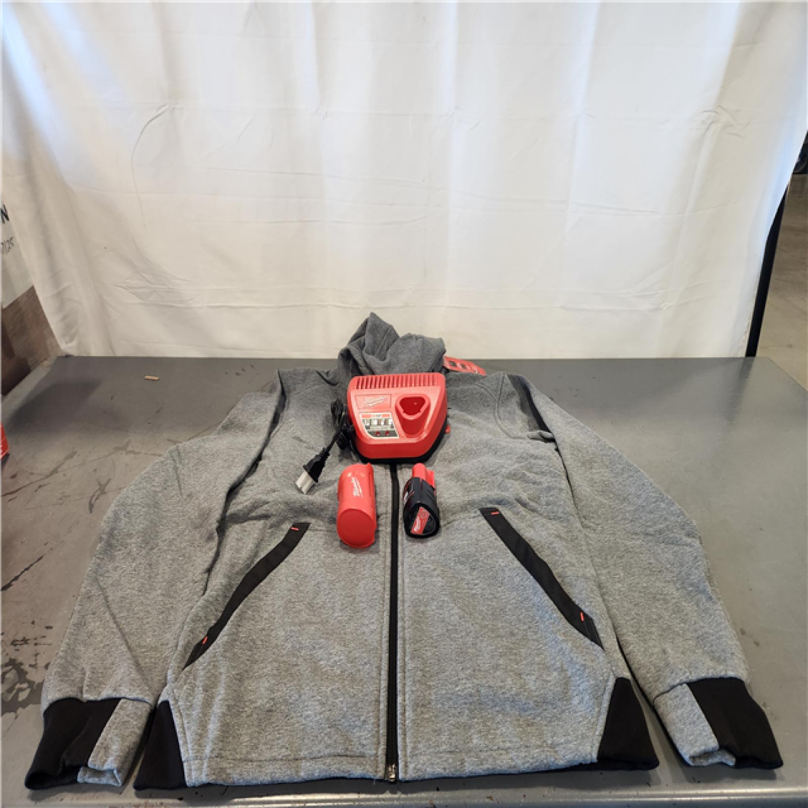 AS-IS- Men's Small M12 12-Volt Lithium Ion Cordless Gray Heated Hooded Jacket Kit with (1) 2.0 Ah Battery and Charger