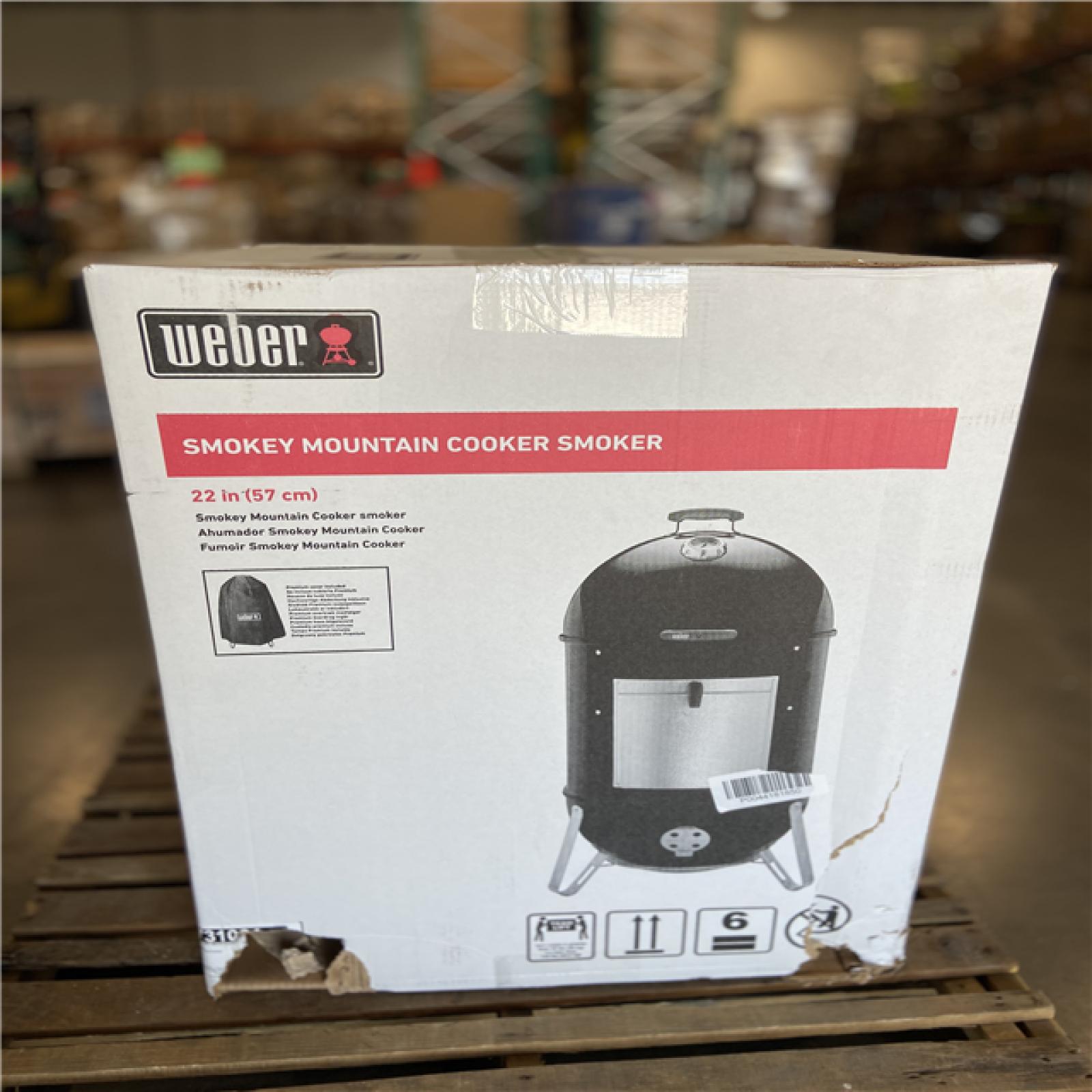 DALLAS LOCATION - Weber 22 in. Smokey Mountain Cooker Smoker in Black with Cover and Built-In Thermometer
