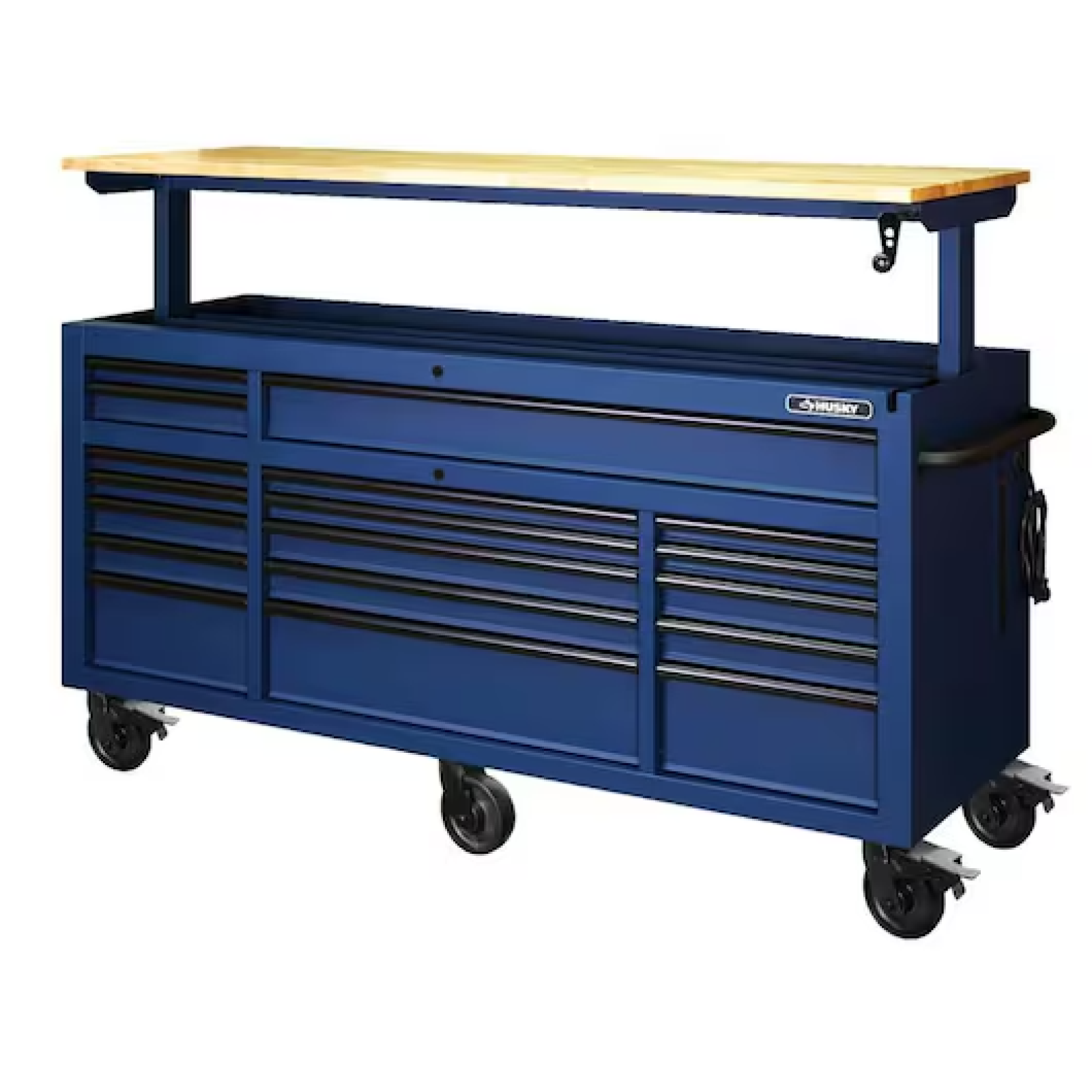 DALLAS LOCATION- AS-IS Husky 72 in. W x 24 in. D Heavy Duty 18-Drawer Adjustable Height Mobile Workbench Matte Blue/WoodTop