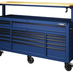 DALLAS LOCATION- AS-IS Husky 72 in. W x 24 in. D Heavy Duty 18-Drawer Adjustable Height Mobile Workbench Matte Blue/WoodTop