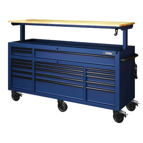 DALLAS LOCATION- AS-IS Husky 72 in. W x 24 in. D Heavy Duty 18-Drawer Adjustable Height Mobile Workbench Matte Blue/WoodTop