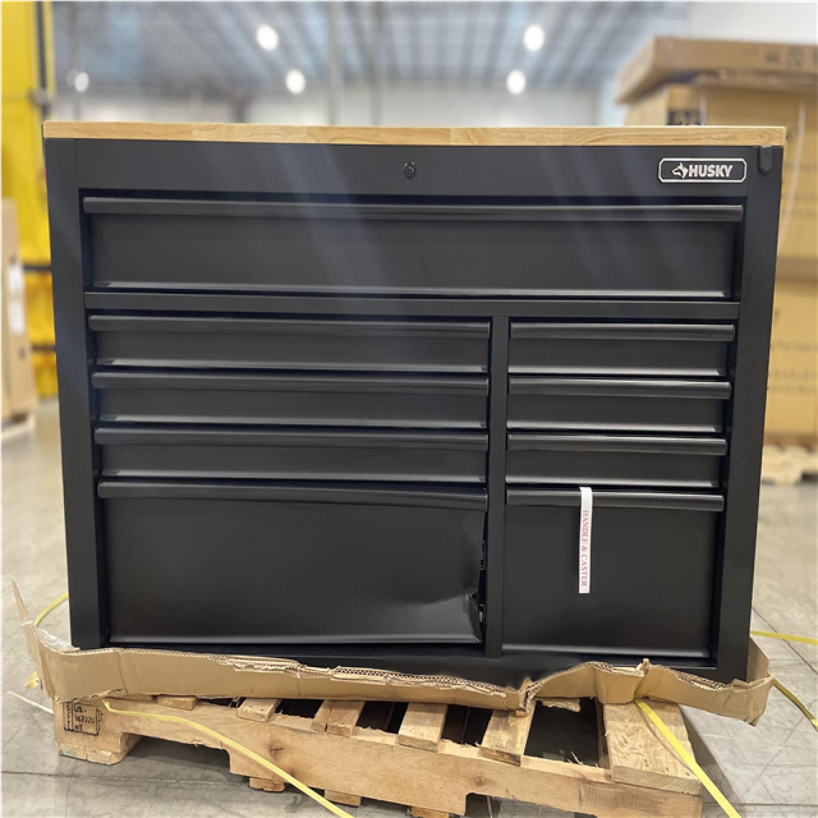 DALLAS LOCATION- AS IS - HUSKY 52 in. W x 25 in. D Heavy Duty 9-Drawer Mobile Workbench w/ Adjustable-Height Wood Top (Matte Black)