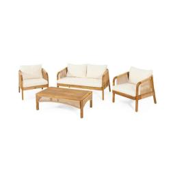 Phoenix Location Noble House Judland Teak 4-Piece Wood and Wicker Patio Conversation Set with Beige Cushions