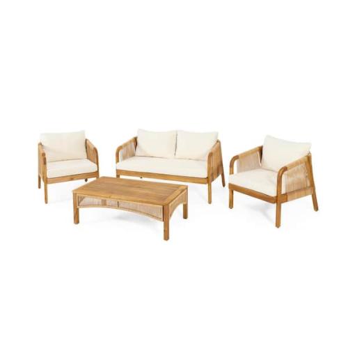 Phoenix Location Noble House Judland Teak 4-Piece Wood and Wicker Patio Conversation Set with Beige Cushions