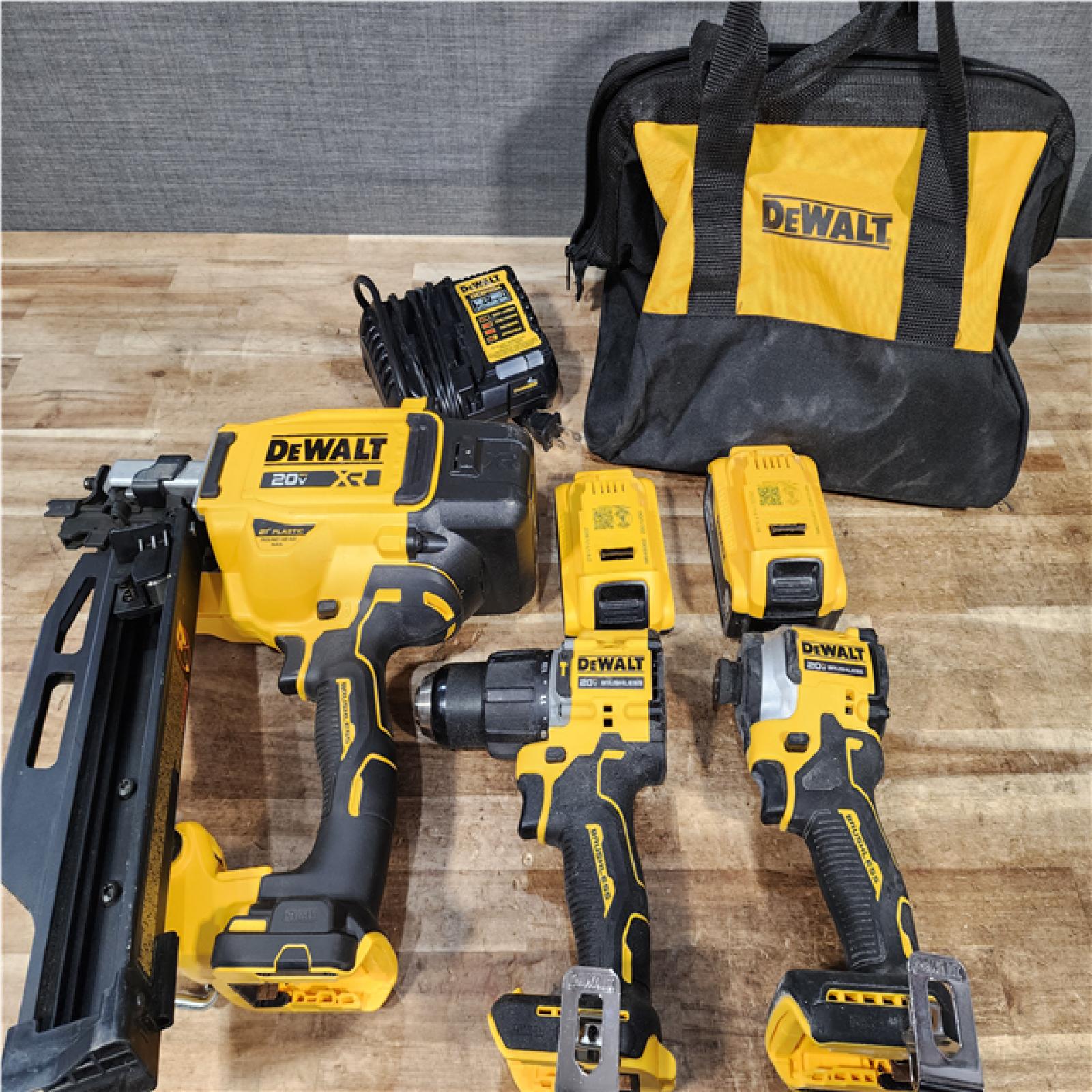 Houston Location AS-IS DEWALT Drills QTY/2 and Nail Gun and Batteries QTY/2 with Charger