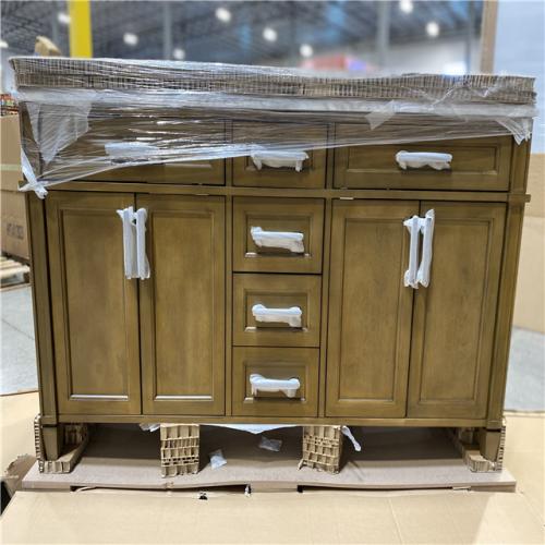 DALLAS LOCATION - Home Decorators Collection Caville 60 in. W x 22 in. D x 34 in. H Double Sink Bath Vanity in Almond Latte with Carrara Marble Top with Outlet