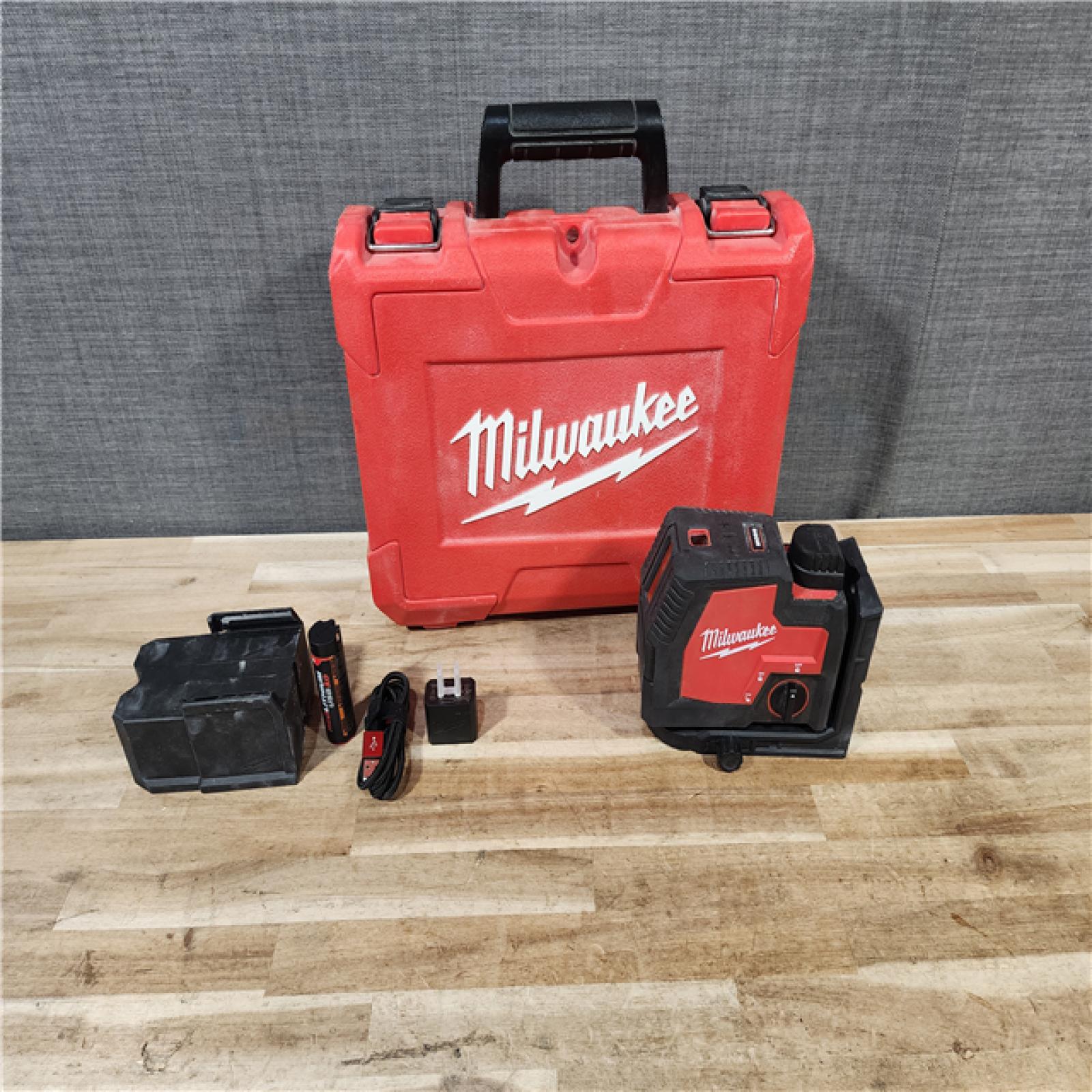 HOUSTON LOCATION - AS-IS Milwaukee Green 100 ft. Cross Line and Plumb Points Rechargeable Laser Level with REDLITHIUM Lithium-Ion