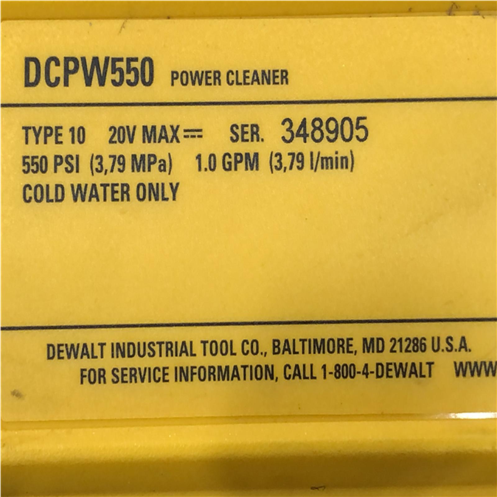 AS-IS DEWALT 20V MAX 550 PSI 1.0 GPM Cold Water Cordless Power Cleaner with 4-Nozzles (Tool Only)