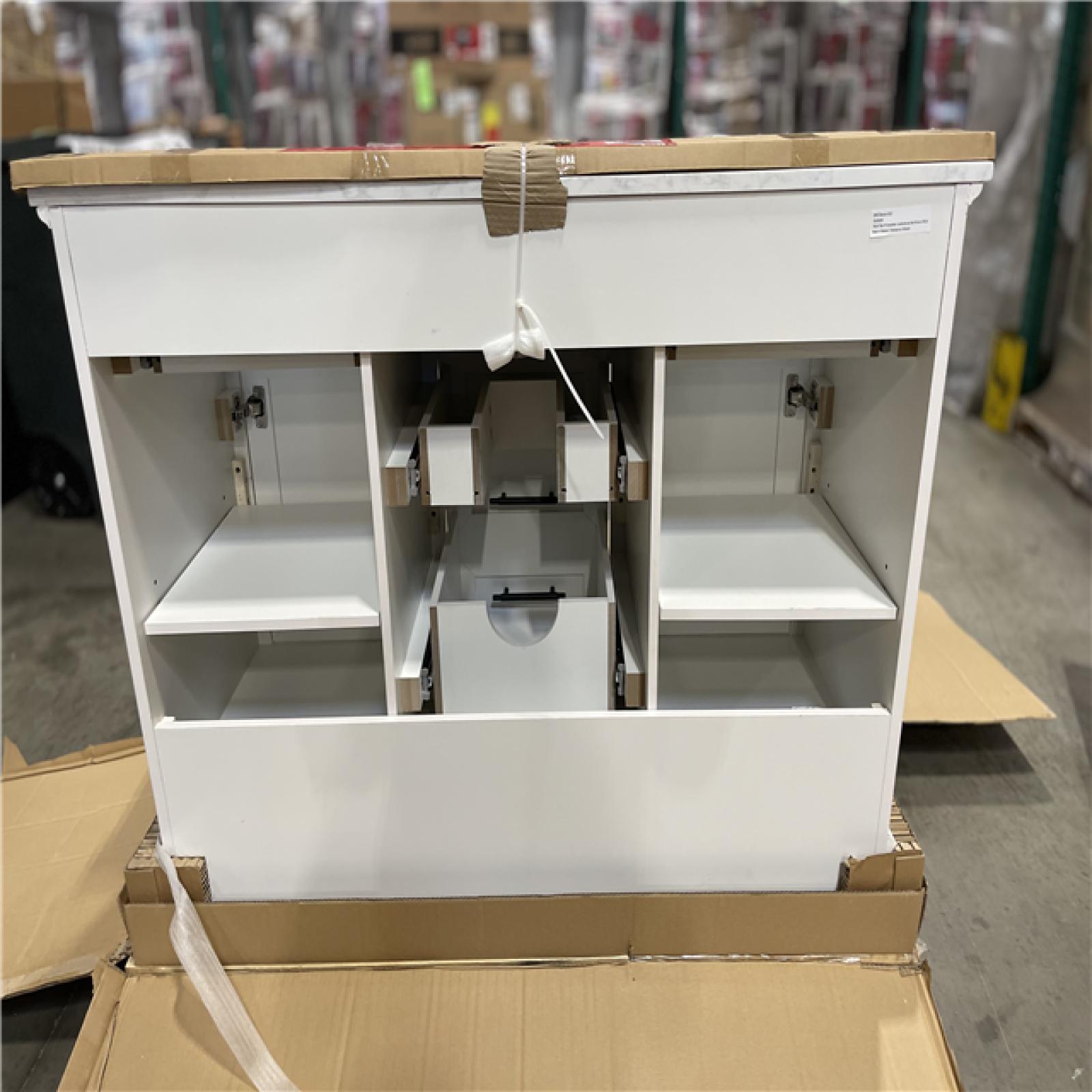 DALLAS LOCATION - Home Decorators Collection Doveton 48 in. Single Sink Freestanding Weathered Tan Bath Vanity with White Engineered Marble Top (Assembled)